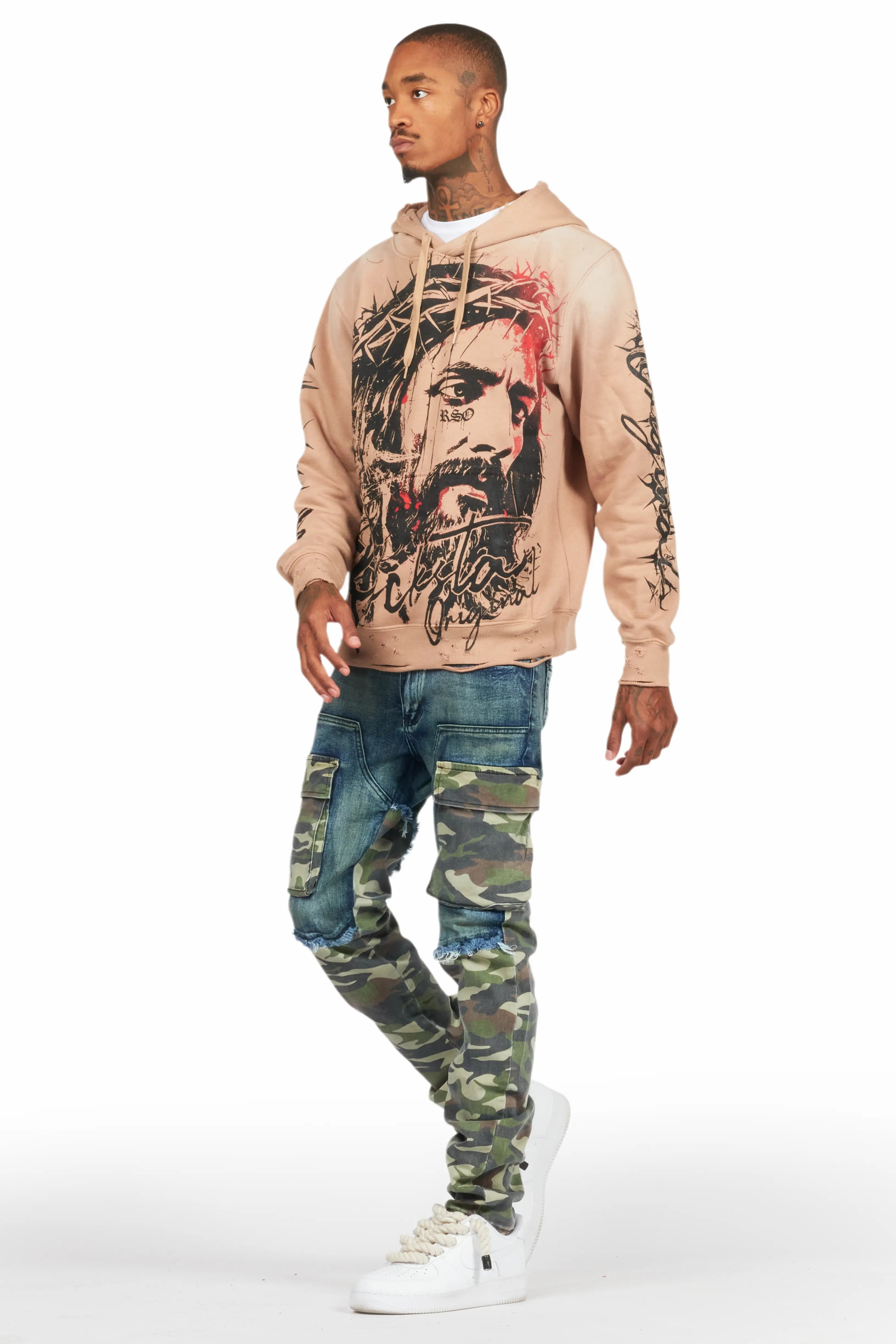 Bedros Khaki Graphic Distressed Hoodie