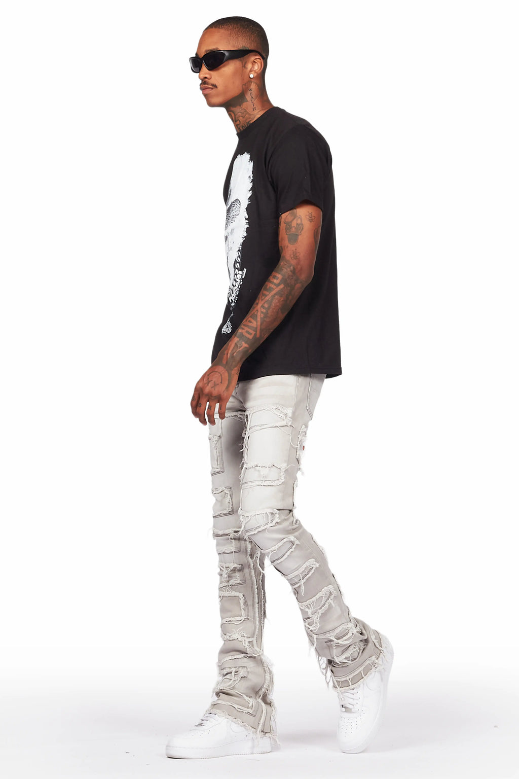 Ponce Black T-Shirt & Shake Grey Stacked Flare Jean Bundle