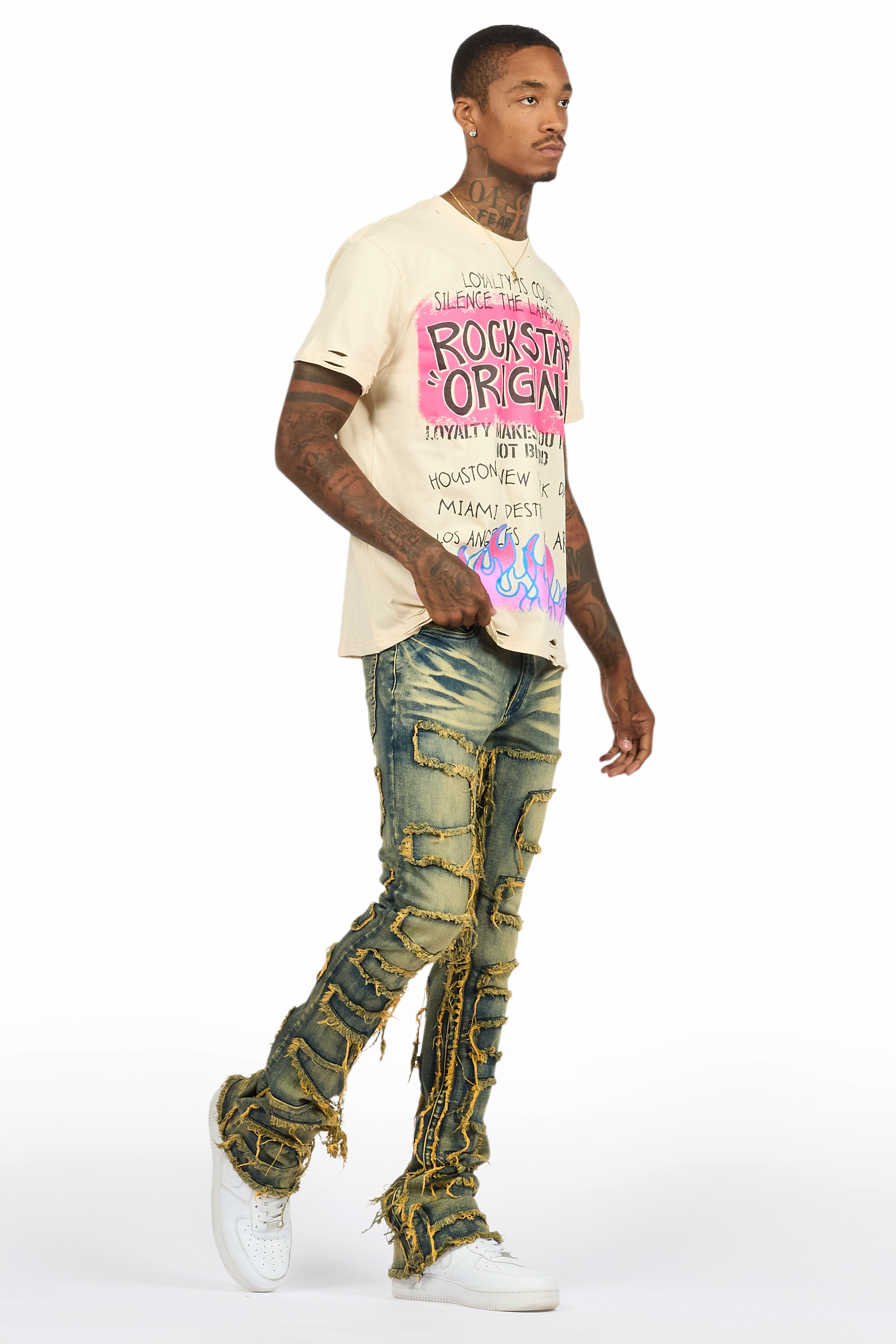 Beno Beige T-Shirt & Shake Tint Stacked Flare Jean Bundle