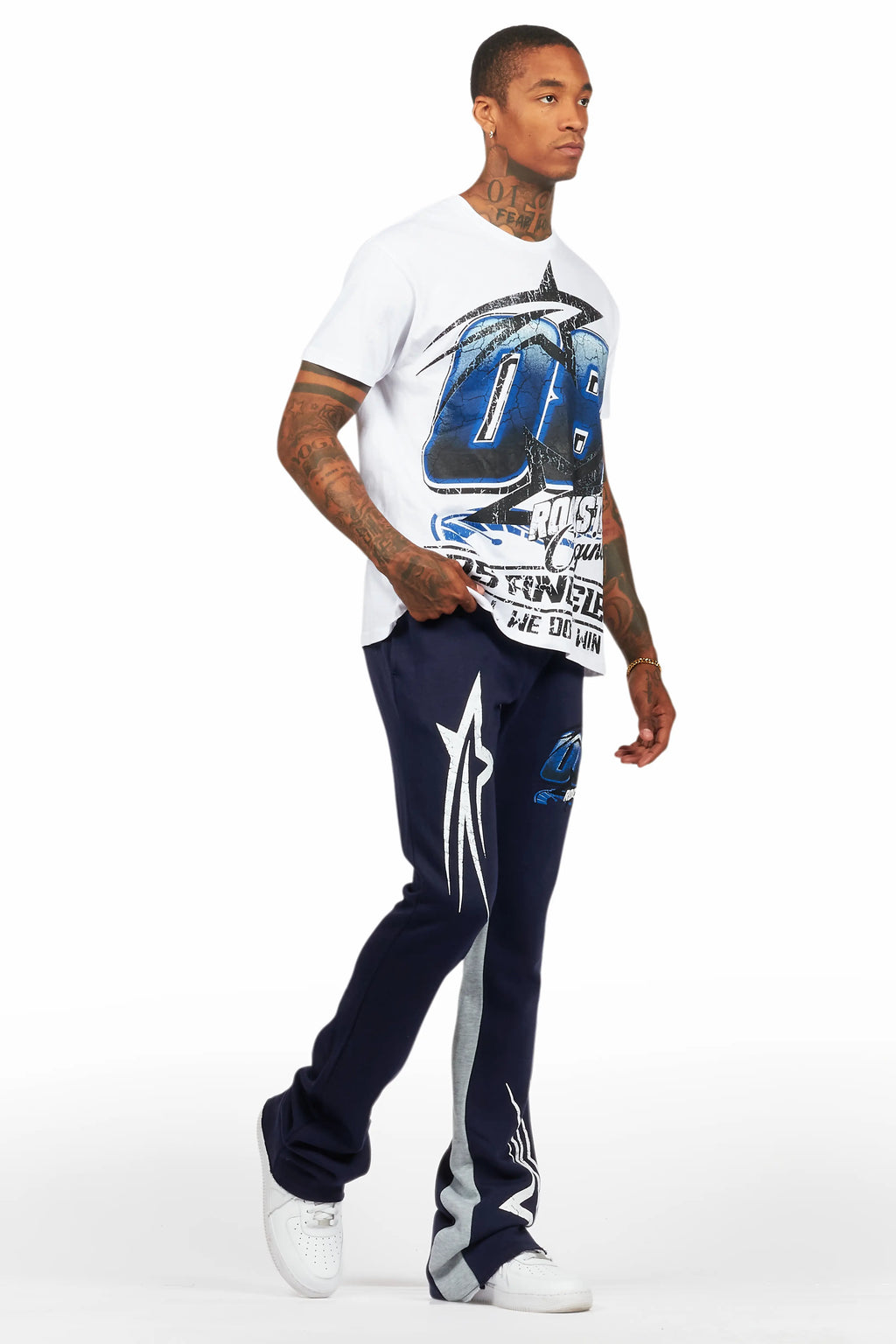 Kastell White/Navy T-Shirt/Stacked Baggy Track Pant Set