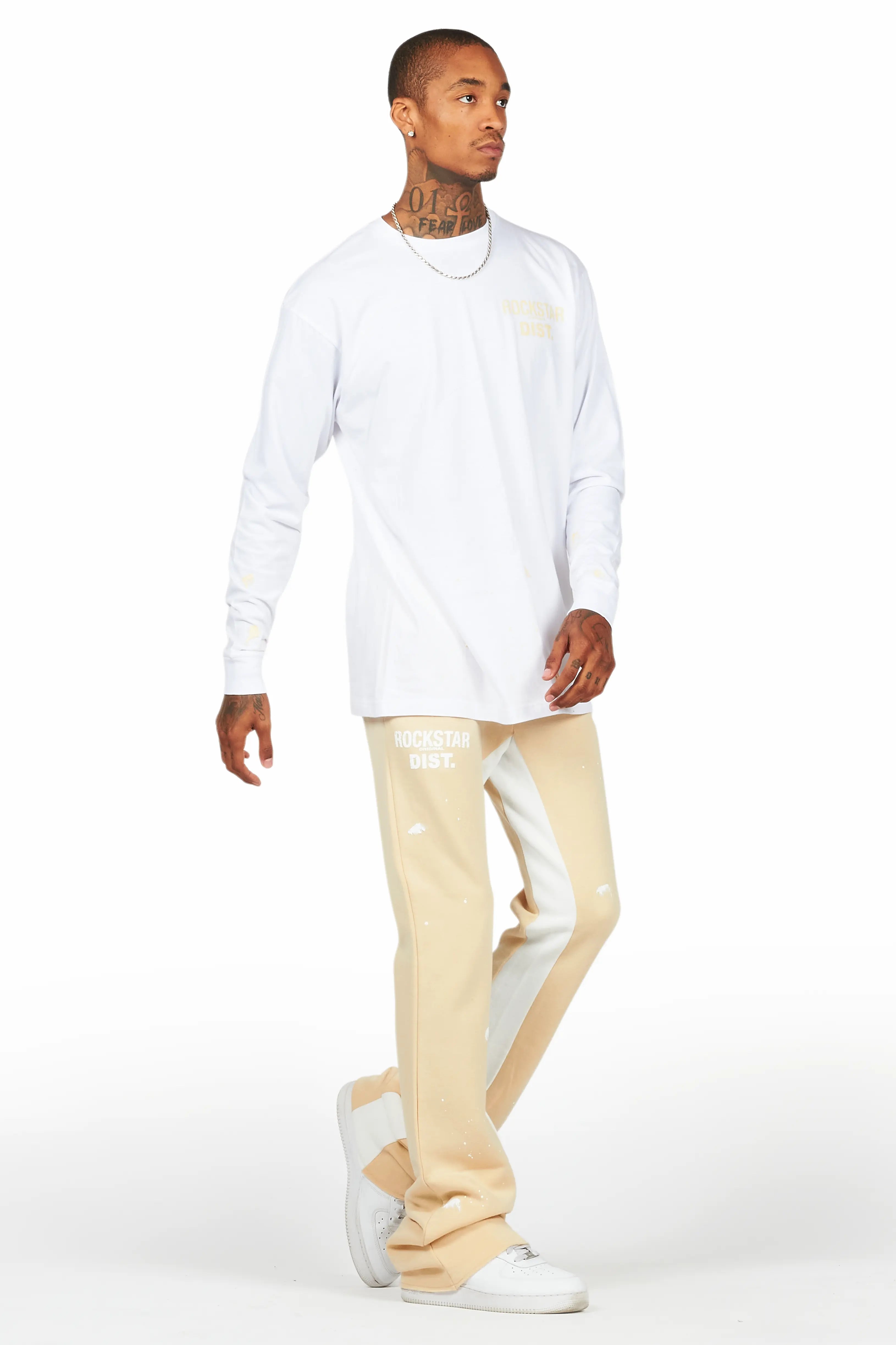 Raffer White/Beige Long Sleeve T-Shirt/Baggy Pant Set