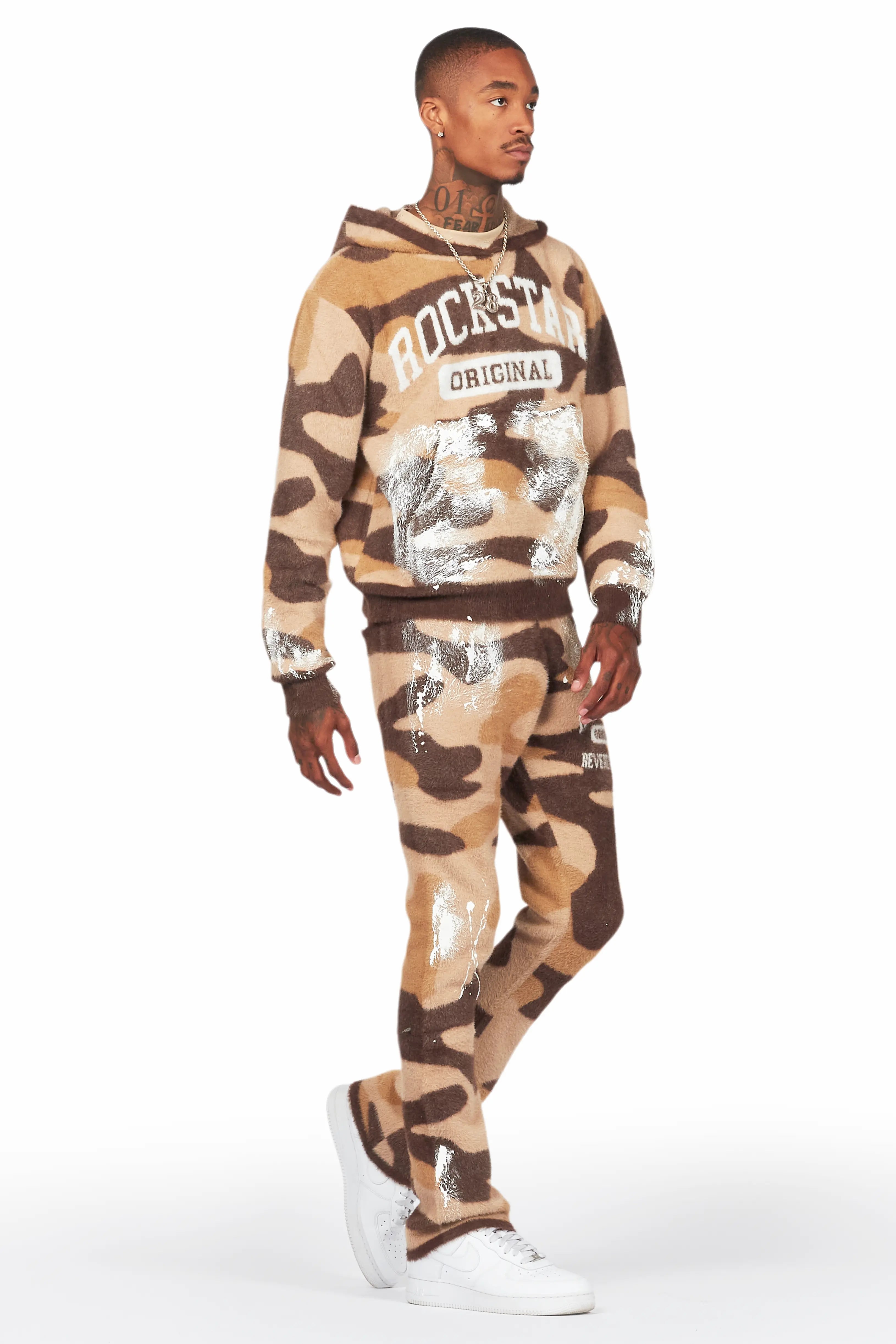 Salim Camo Brown Stacked Flare Knitted Mohair Track Set