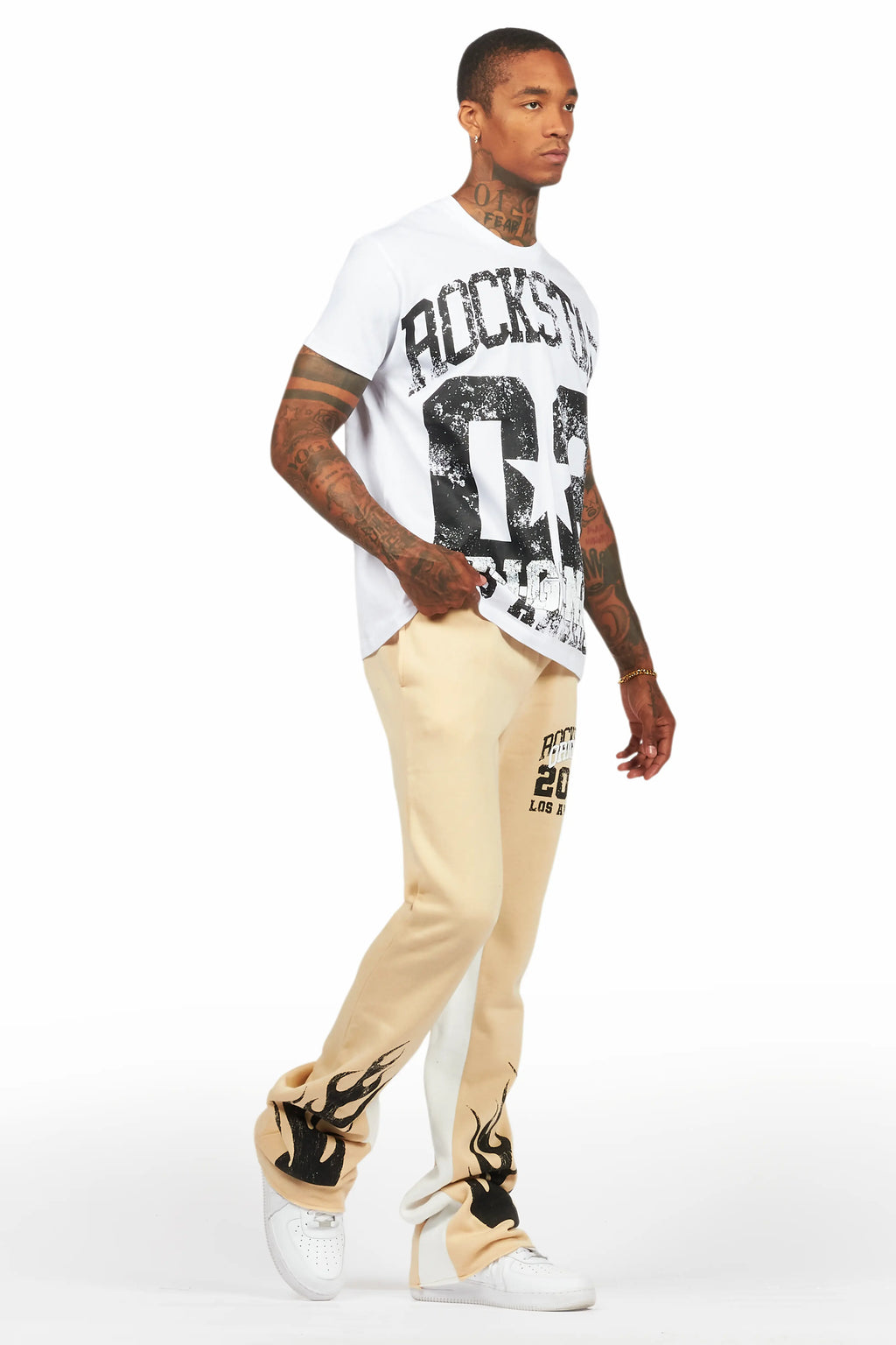 Edel White/Beige T-Shirt/Stacked Baggy Track Pant Set