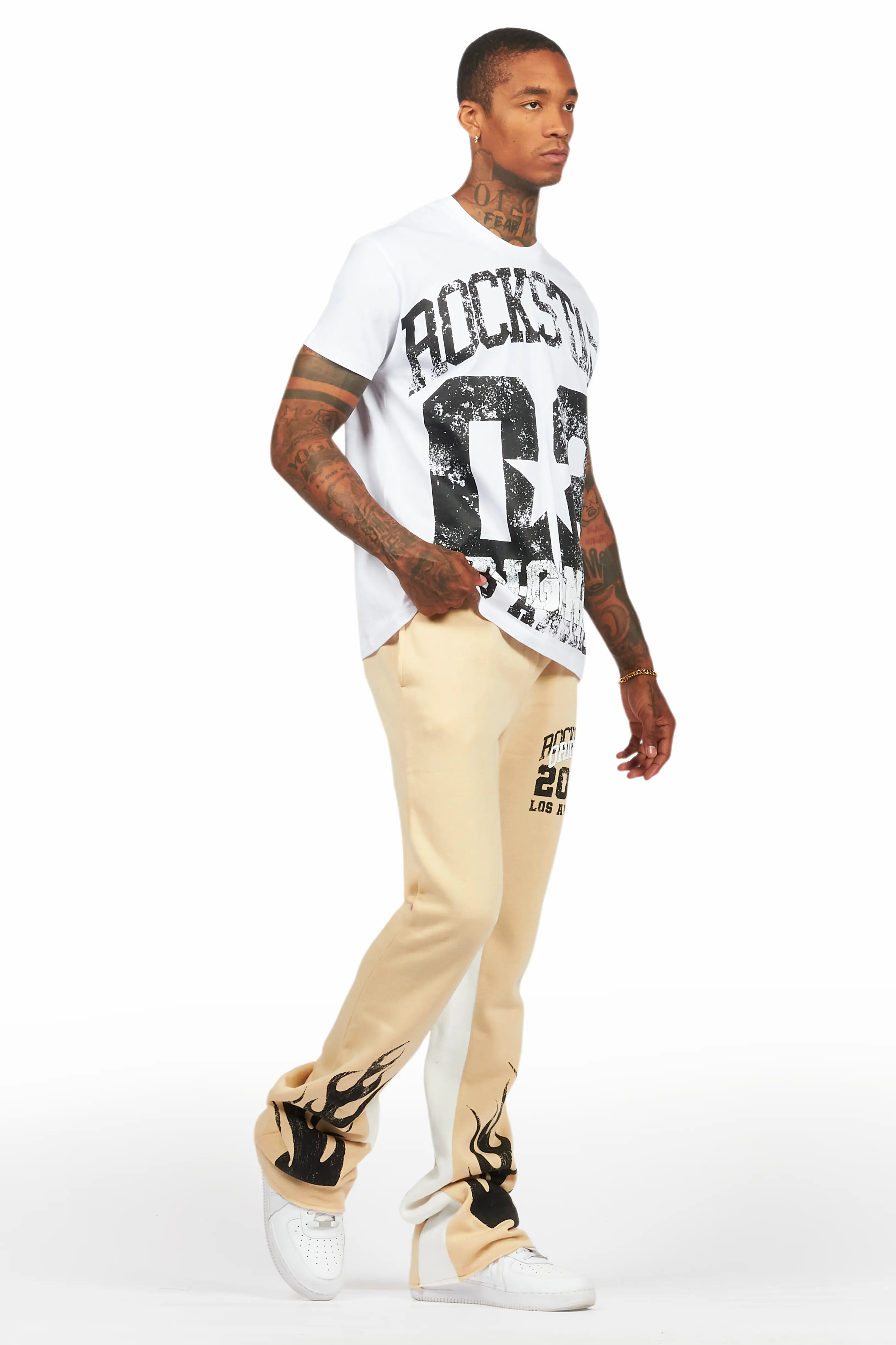 Edel White/Beige T-Shirt/Stacked Baggy Track Pant Set