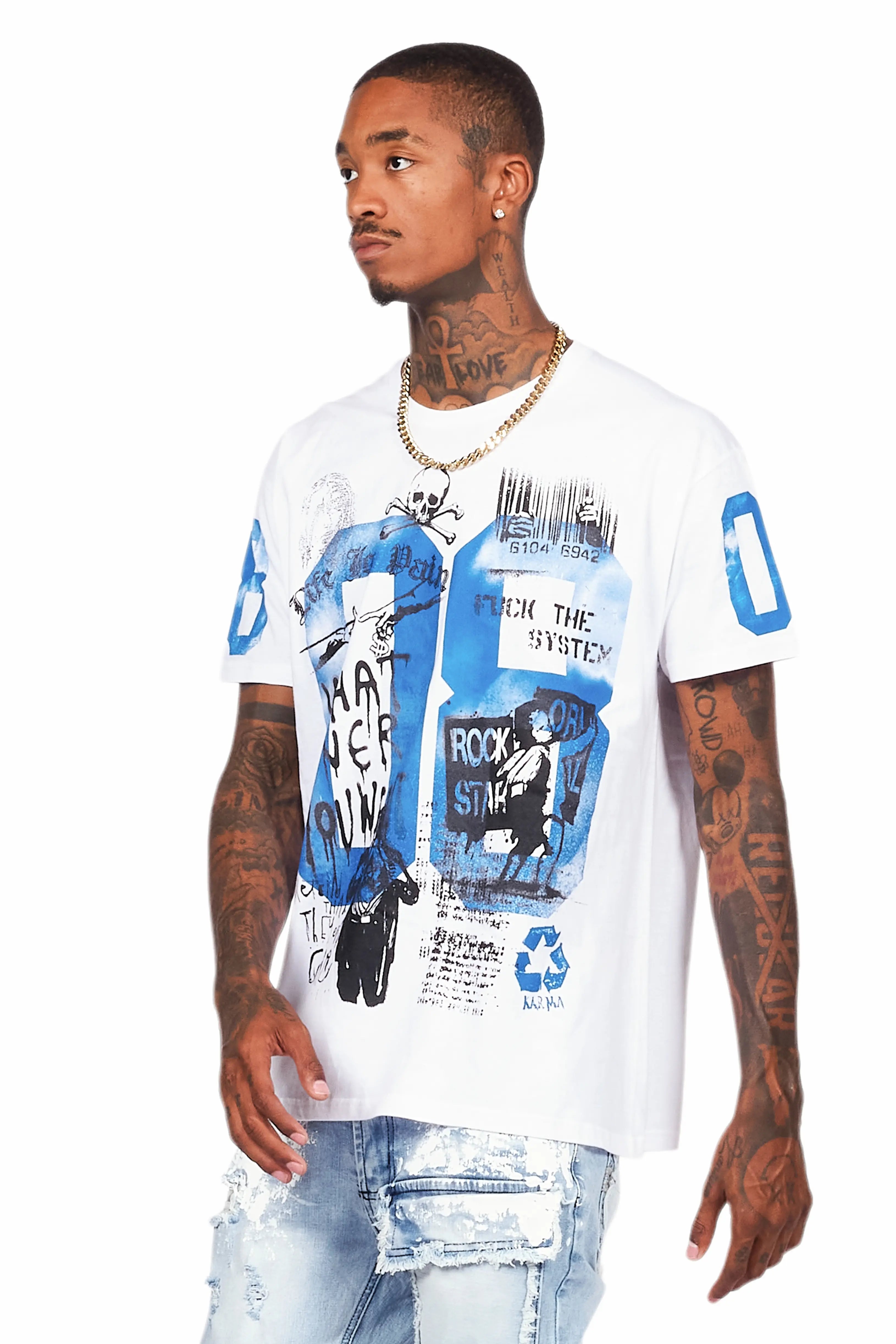 Grill White/Blue Graphic Oversized T-Shirt