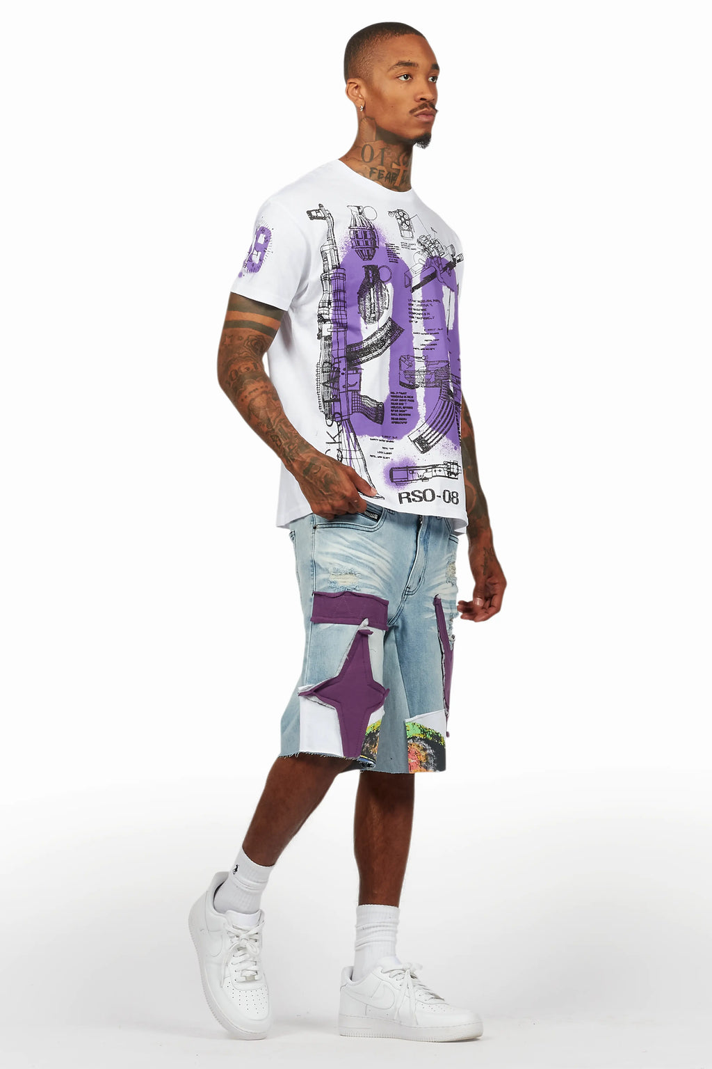 Nesta White/Purple T-Shirt/Denim Short Set