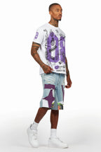 Nesta White/Purple T-Shirt/Denim Short Set