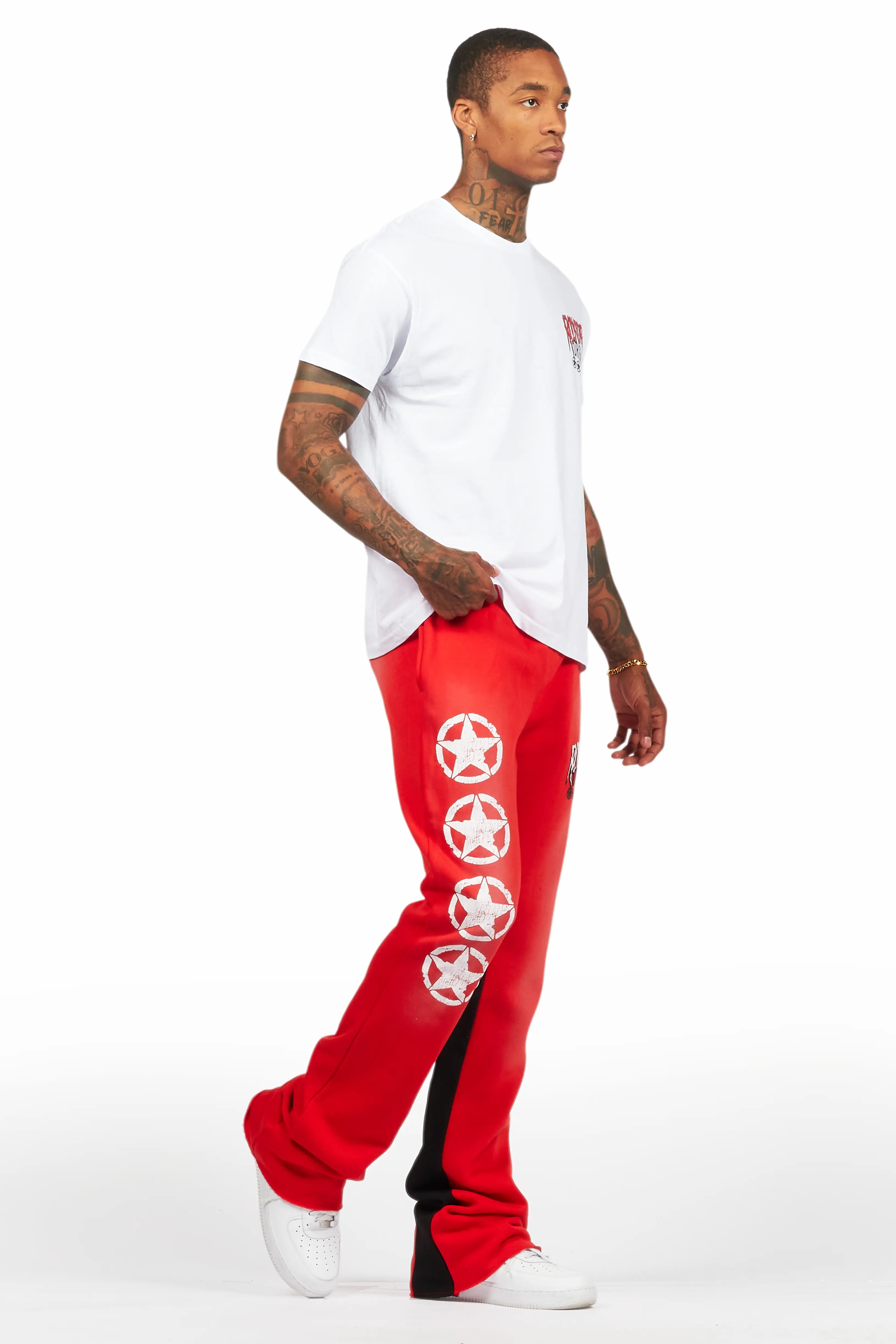 Wizzurd White/Red T-Shirt/Stacked Baggy Track Pant Set