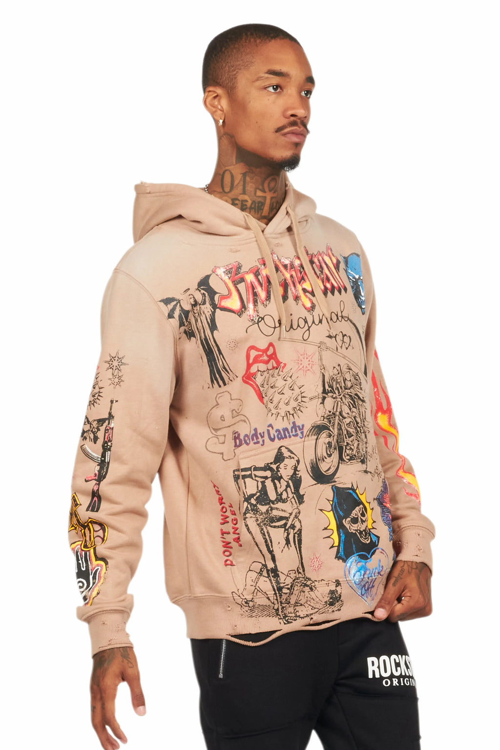 Shoota Beige Distressed Graphic Hoodie