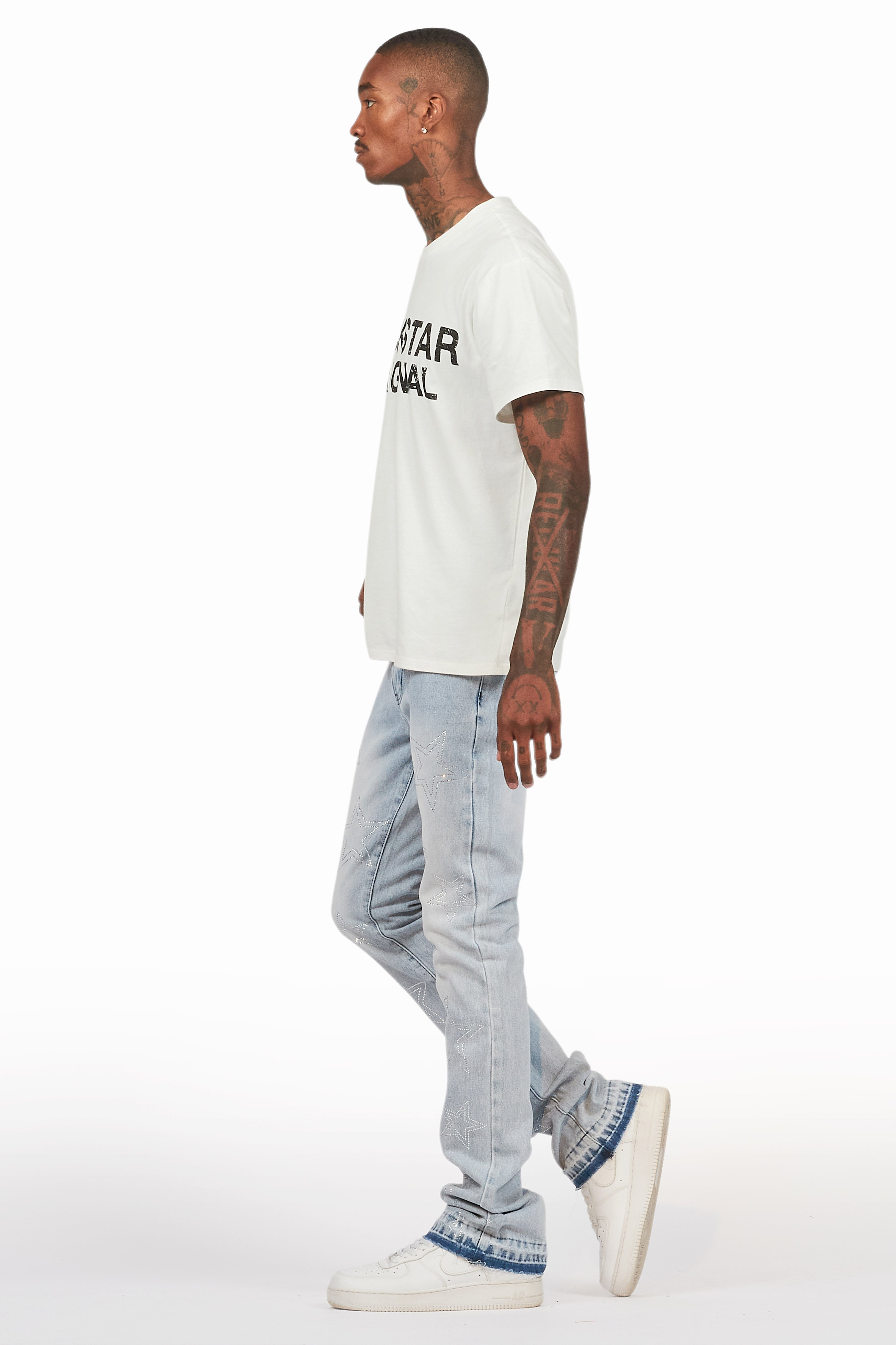 Kama Light Blue Rhinestone Stacked Flare Jean