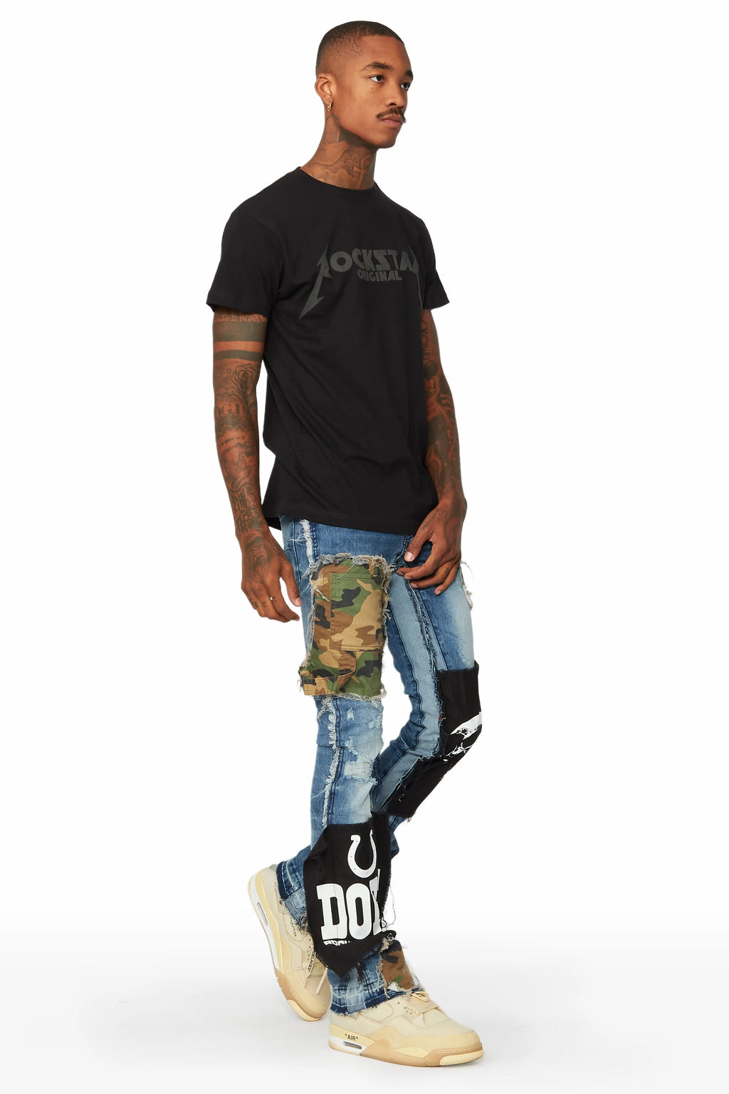 Hugo Blue/Camo Stacked Patchwork Flare Jean