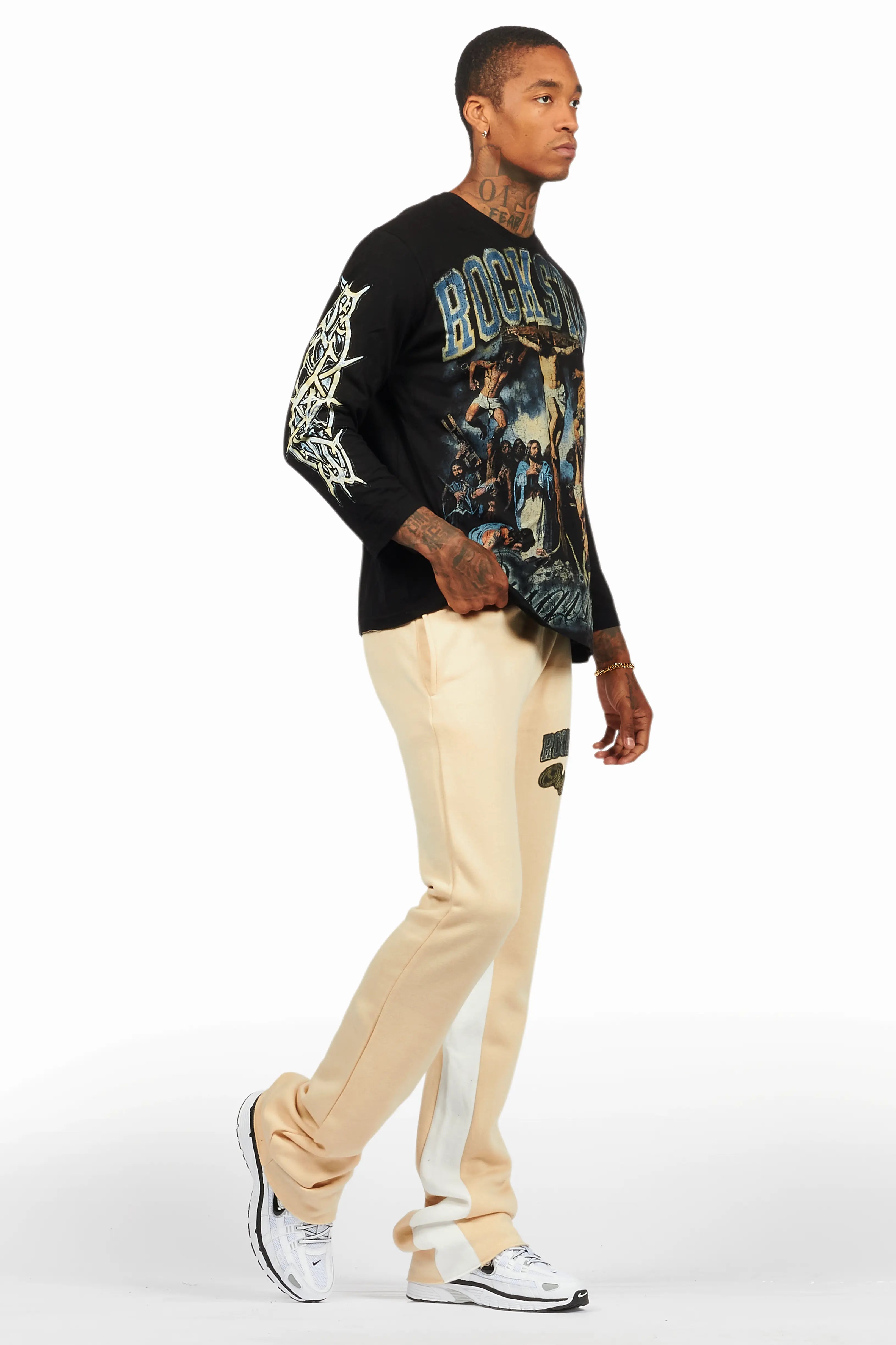 Waller Black/Beige Long Sleeve T-Shirt/Baggy Pant Set