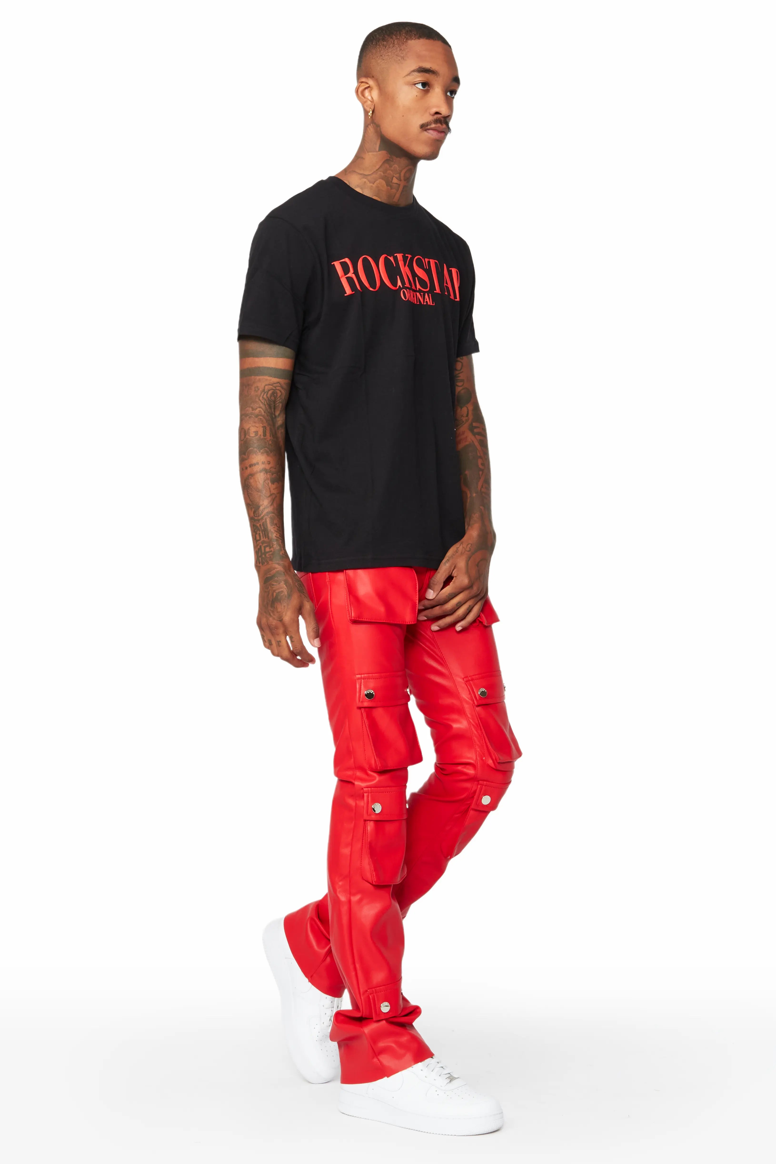 Remi Red Faux Leather Stacked Flare Jean