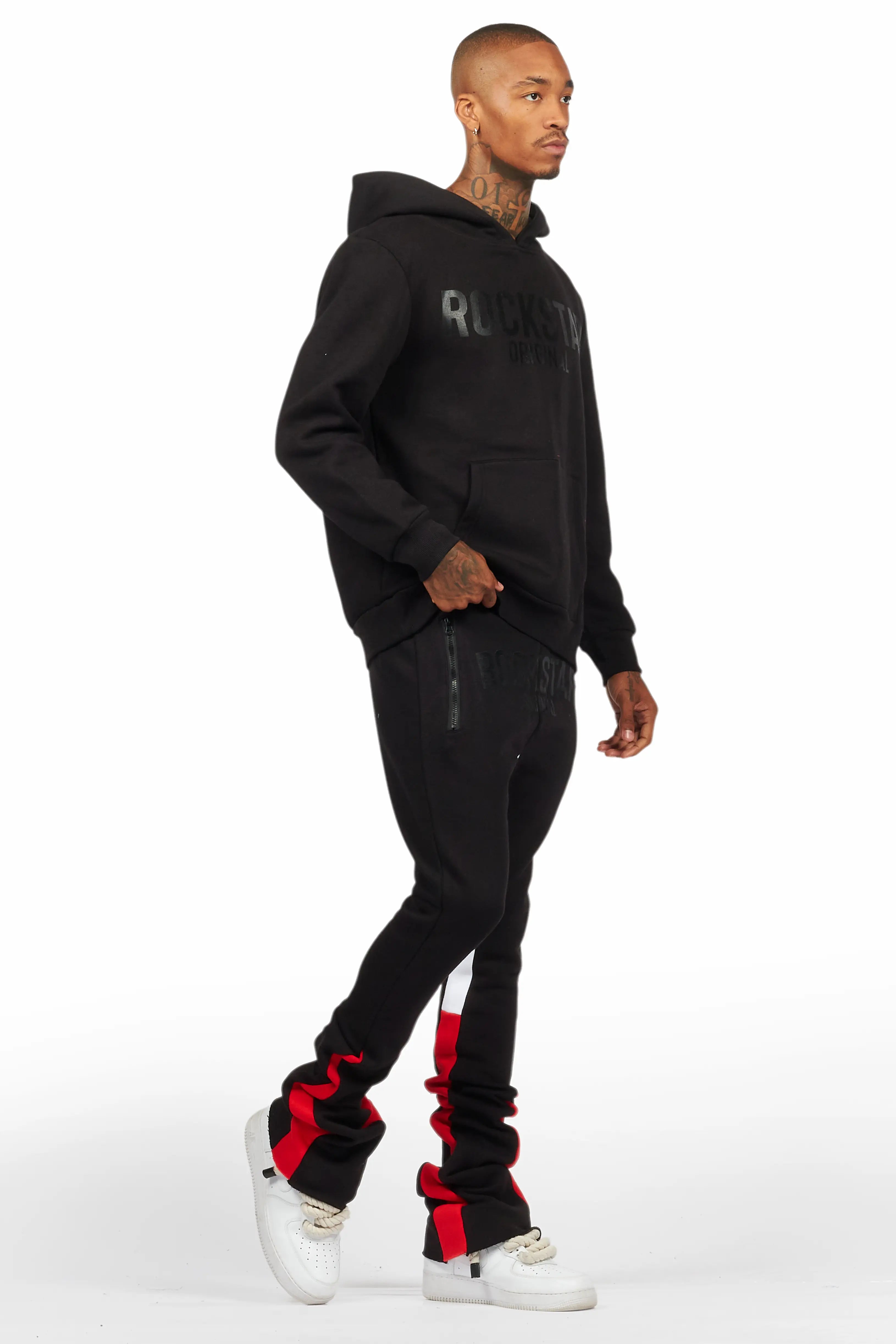 Sana Black/Black Hoodie/Stacked Flare Track Pant Set