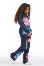 Girls Bridgette Navy/Pink Hoodie Stacked Flare Track Set