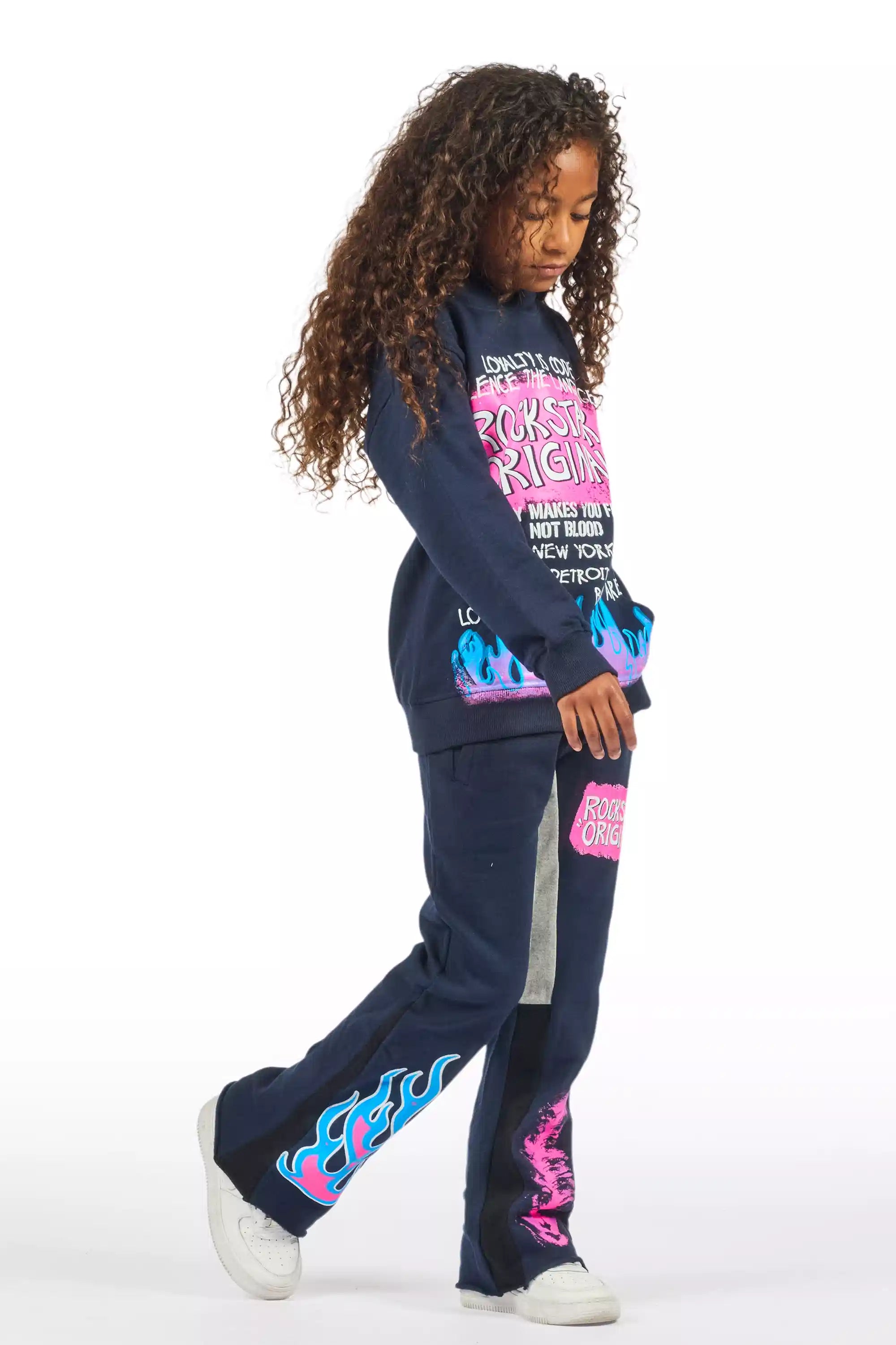 Girls Bridgette Navy/Pink Hoodie Stacked Flare Track Set