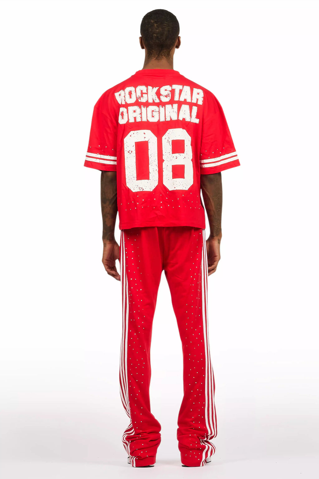 Tylla Red Rhinestone T-Shirt/Baggy Stacked Track Set