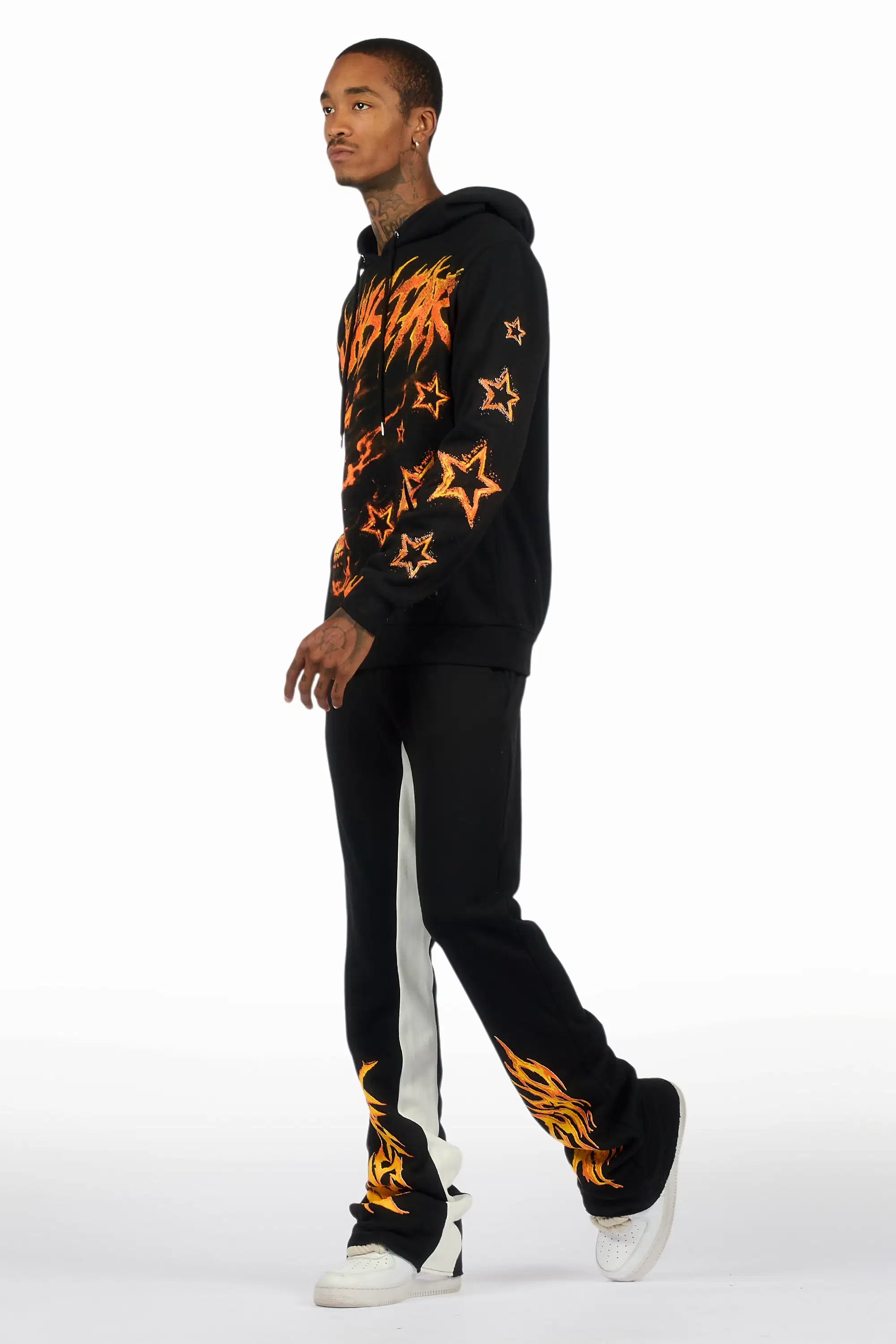 Nelz Black/Orange Graphic Hoodie/Baggy Track Pant Set