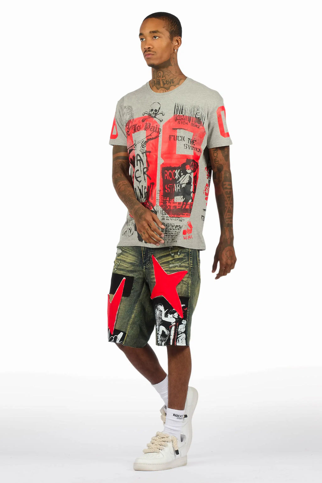 Grill Heather Grey/Red T-Shirt/Denim Short Set