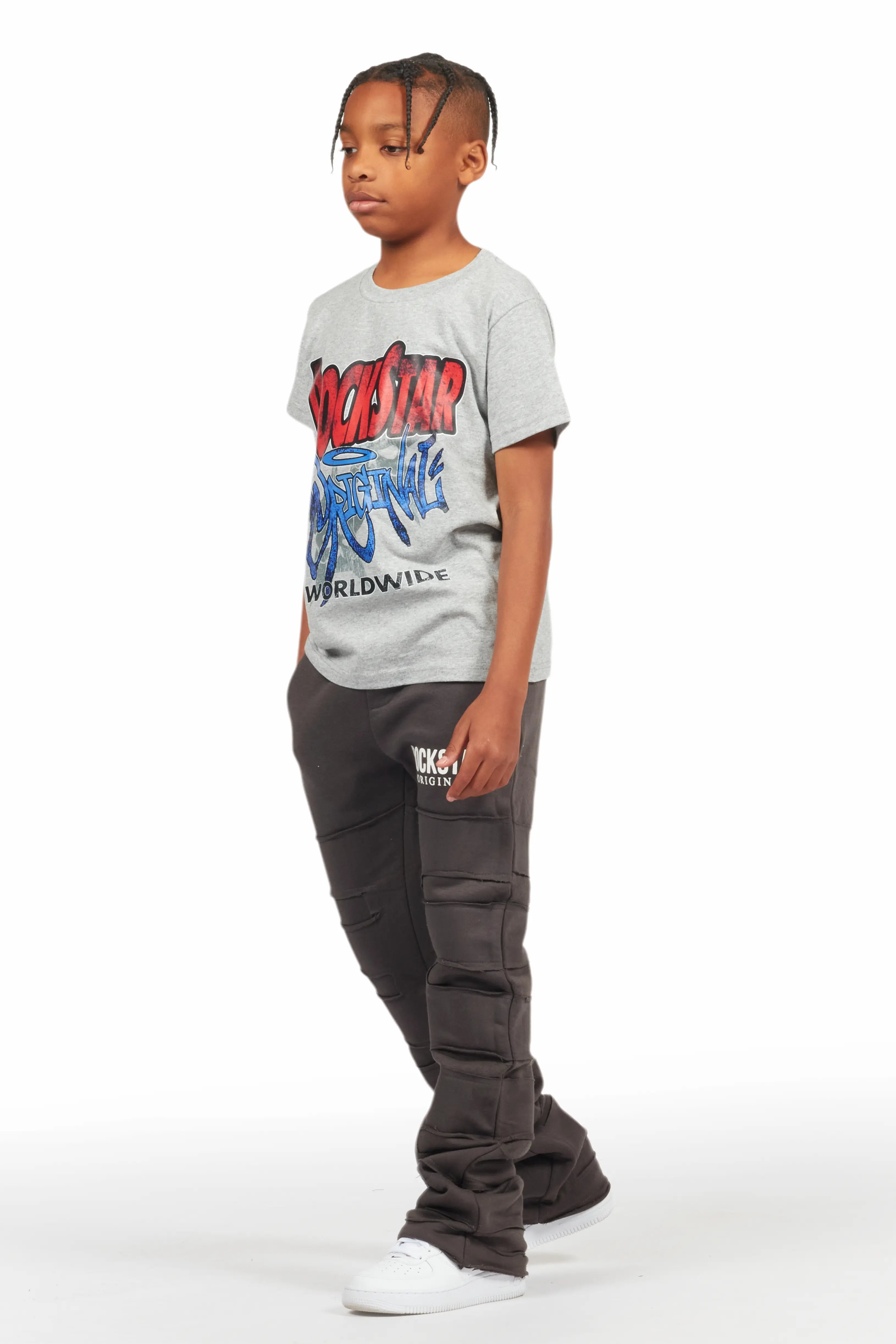 Boys Emilio Vintage Grey Stacked Flare Track Pant
