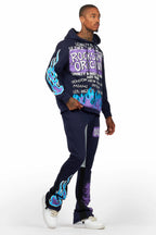 Beno Navy Stacked Flare Hoodie Track Set