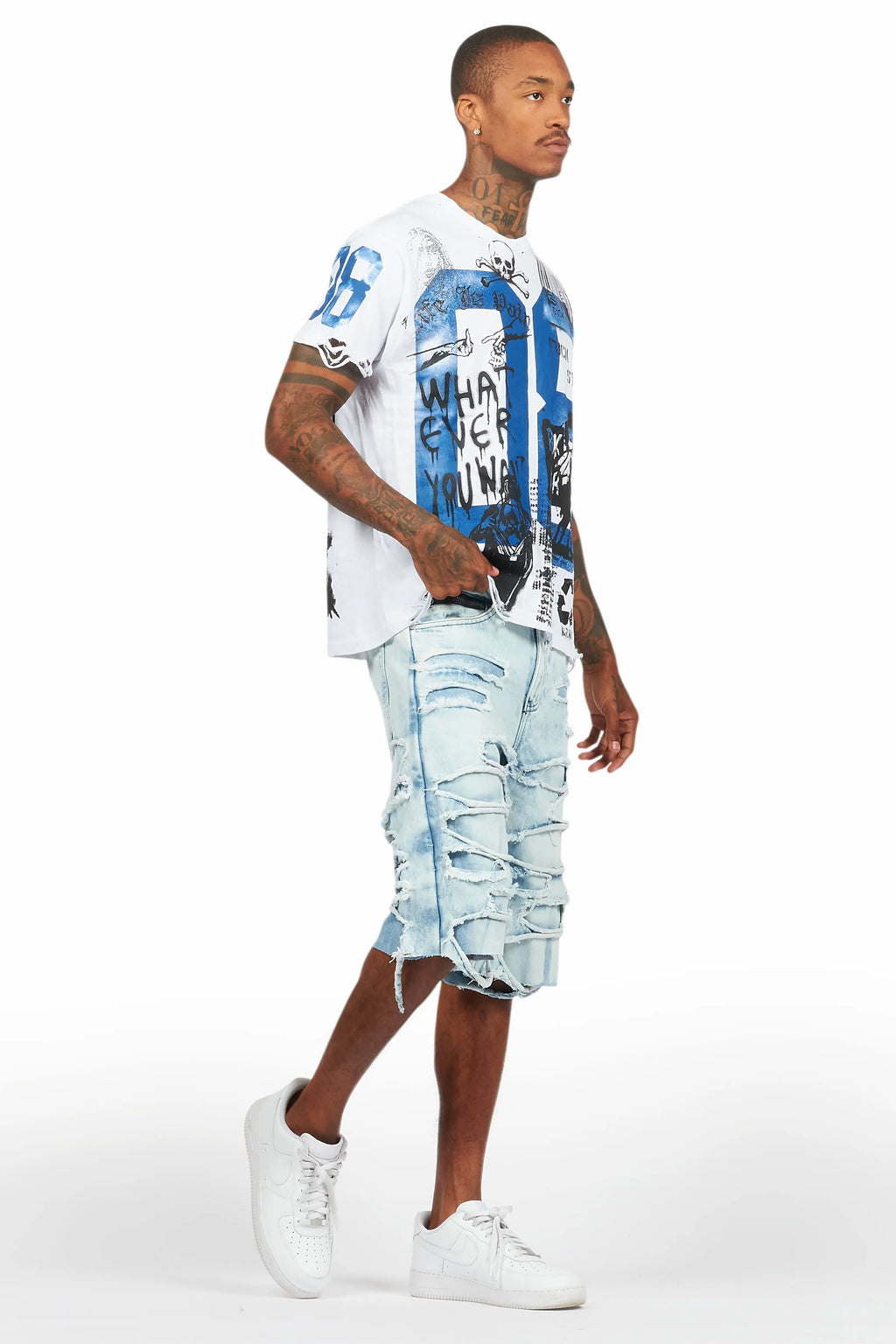 Grill White/Blue T-Shirt/Denim Short Set