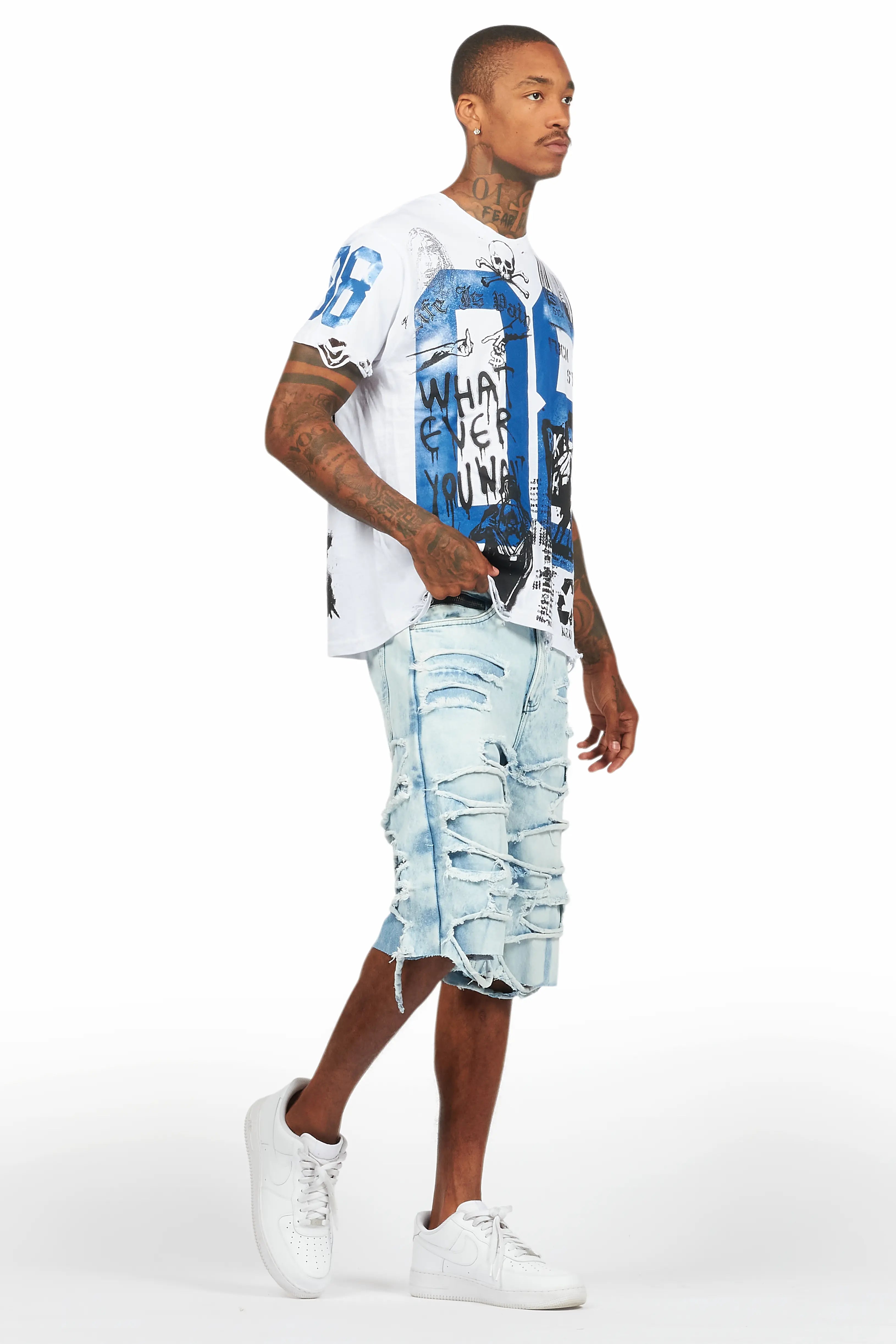 Grill White/Blue T-Shirt/Denim Short Set