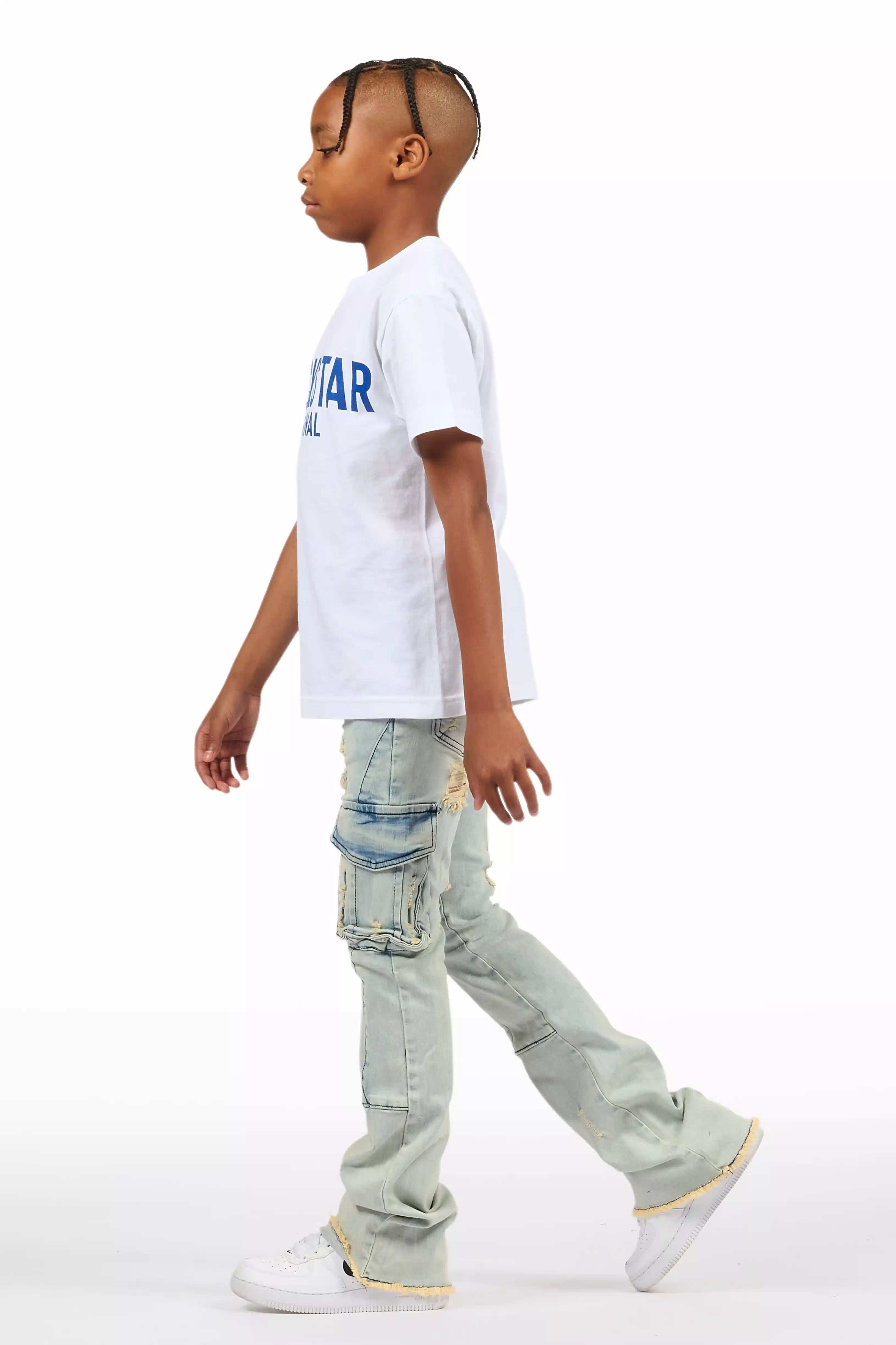 Boys Adalee Blue Slim Stacked Flare Cargo Jean