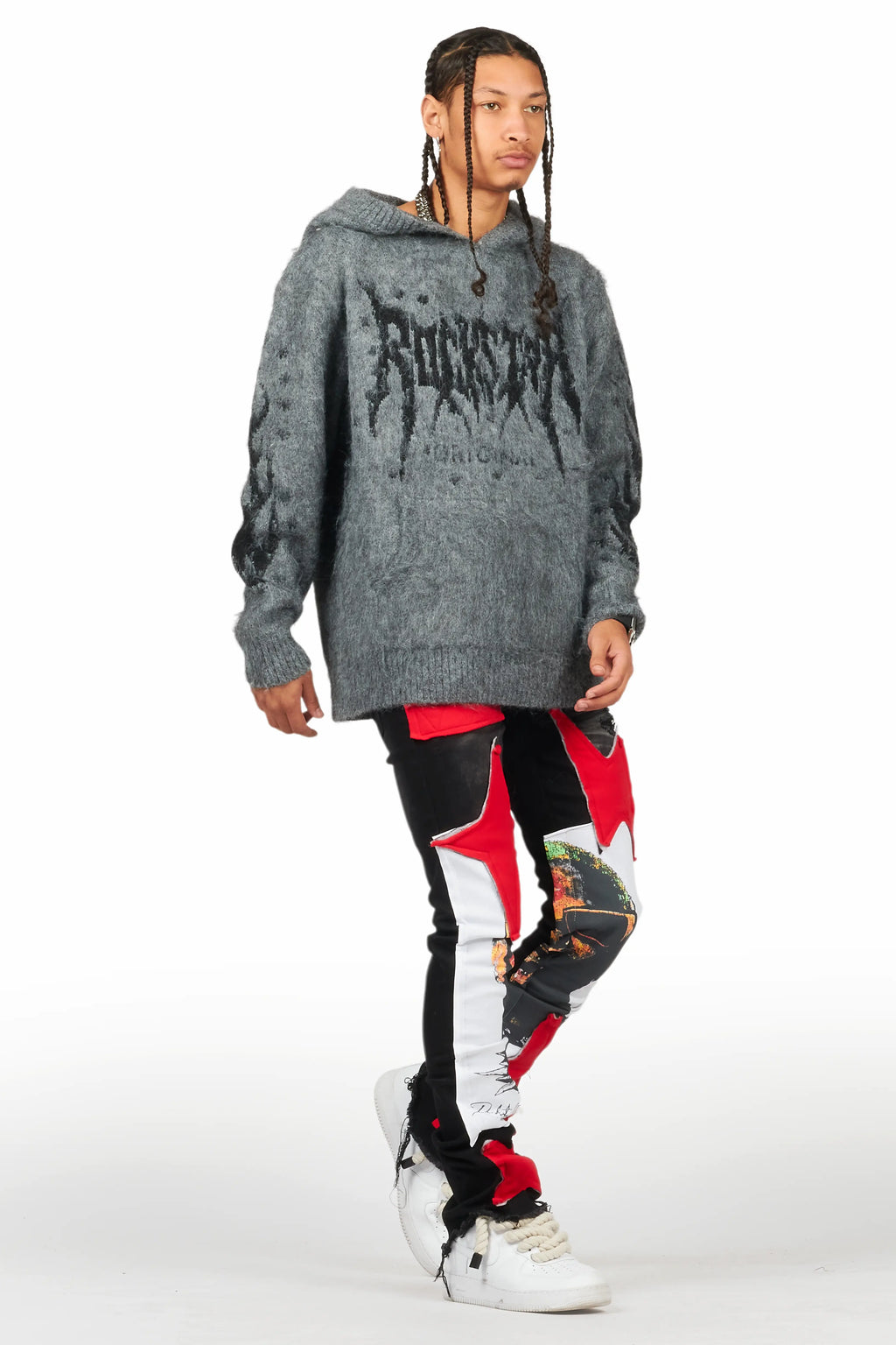 Savage Black/Red Patchwork Stacked Flare Jean