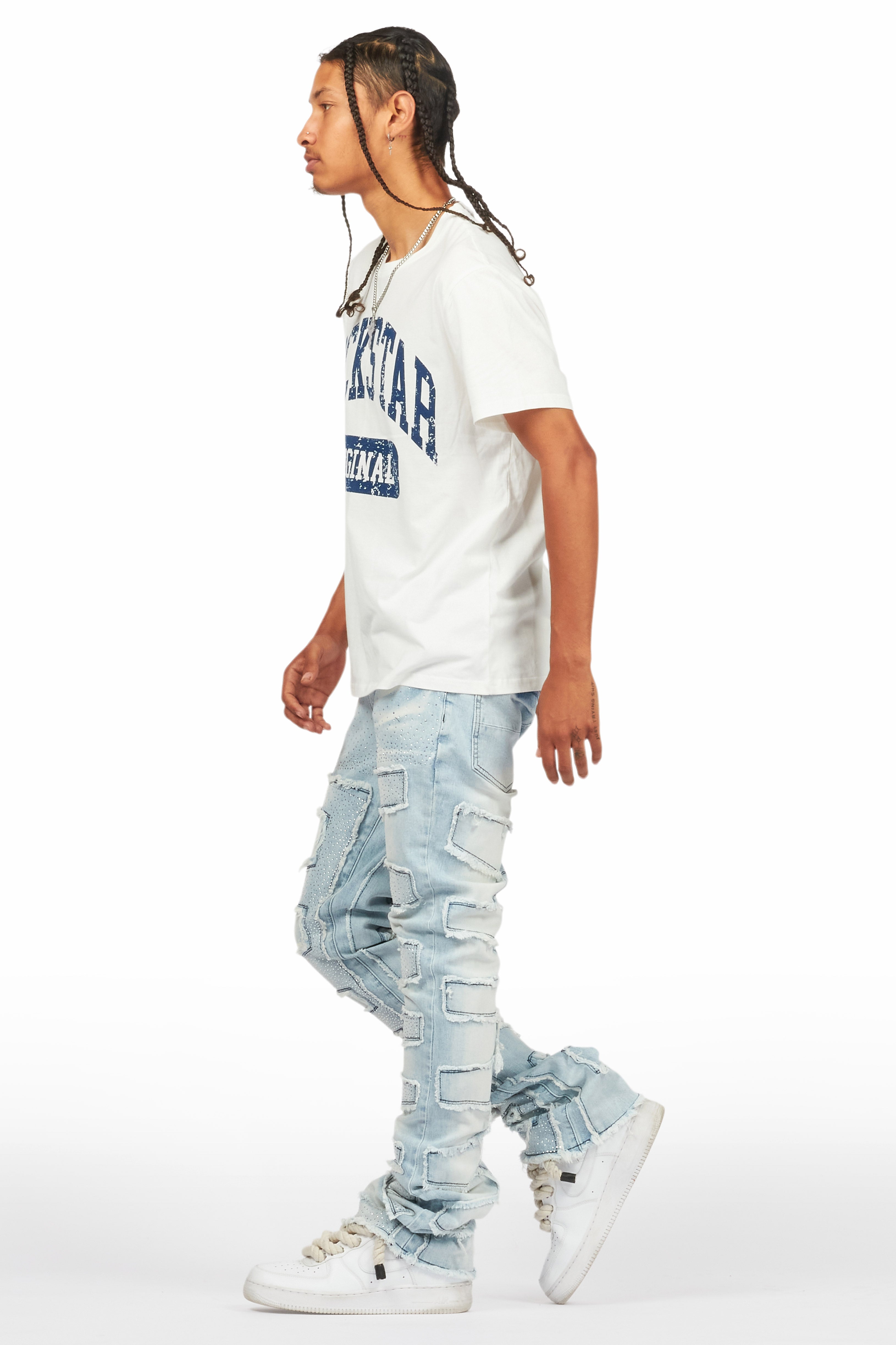 Shake Light Blue Rhinestone Stacked Flare Jean