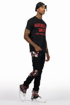 Saxon Black/Red T-Shirt/Stacked Flare Jean Set