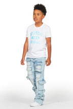 Boys Members White/Blue T-Shirt/Stacked Flare Jean Set