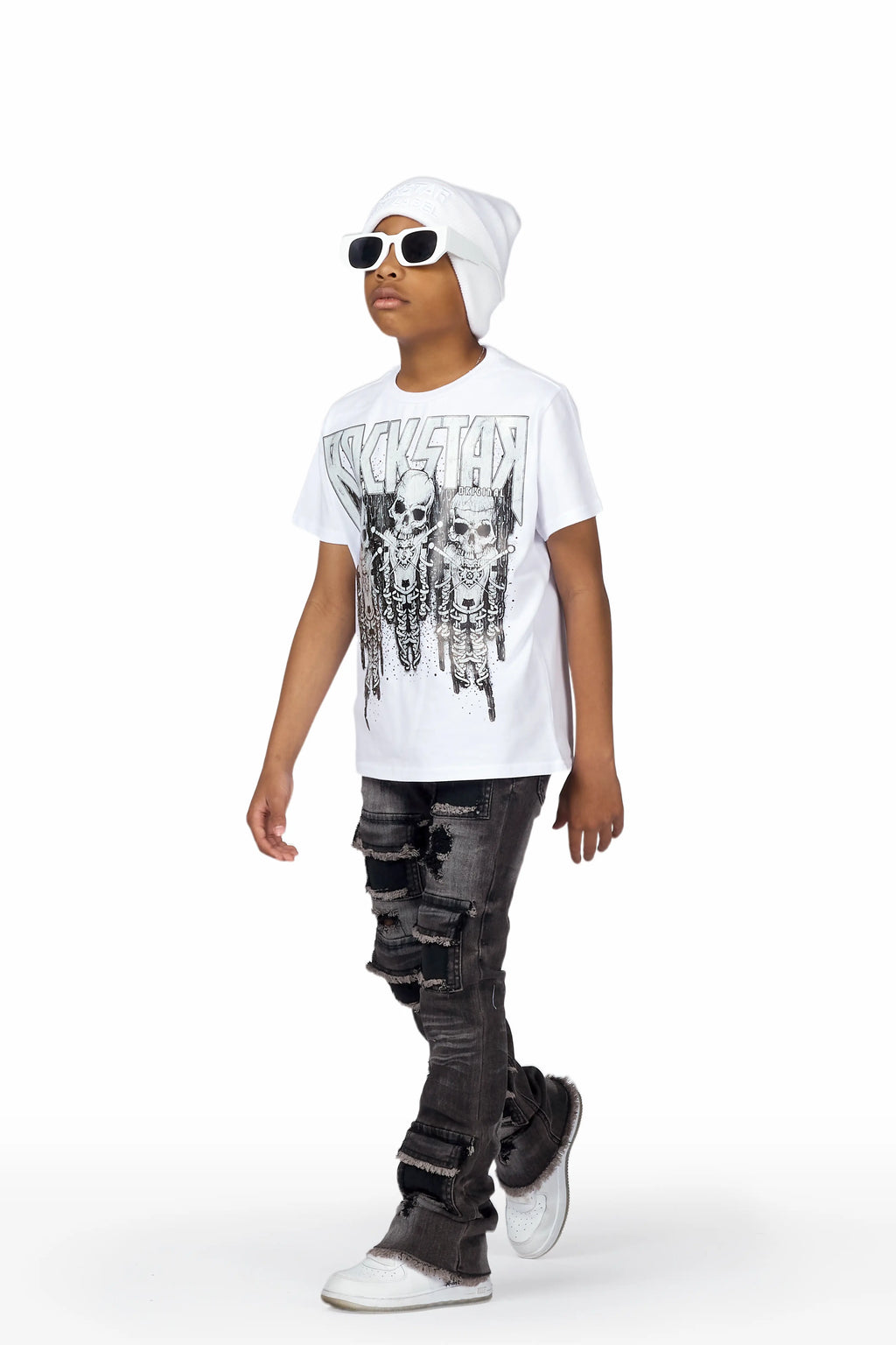 Boys Uzziel White T-Shirt/Super Stacked Flare Jean
