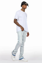 Drako White/Blue Oversized Graphic T-Shirt/Dag Stacked Flare Jean Set