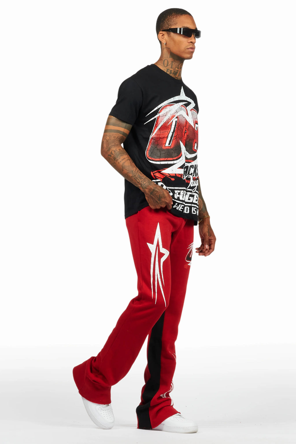 Kastell Black/Burgundy T-Shirt/Stacked Baggy Track Pant Set