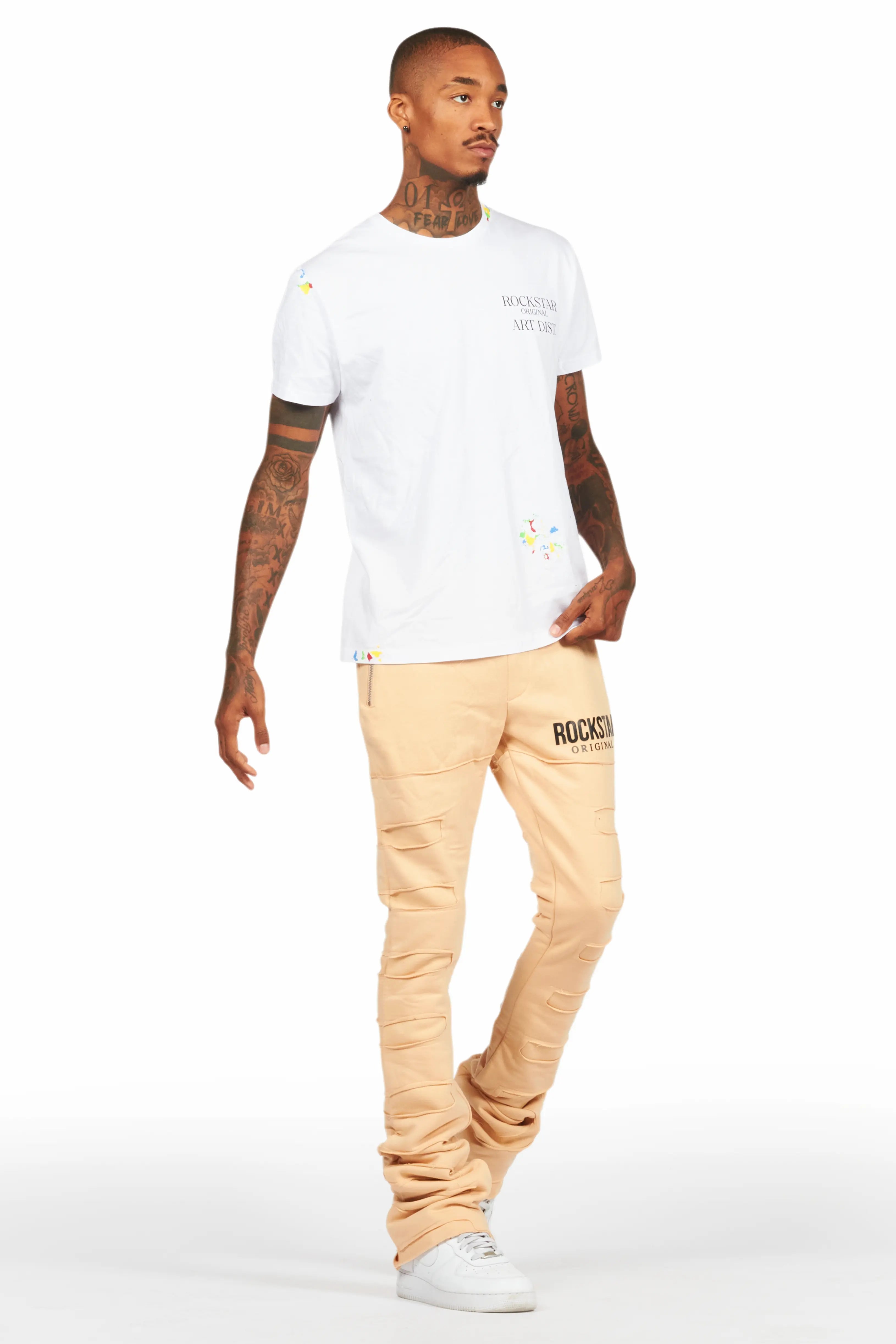 Emilio Beige Stacked Flare Track Pant