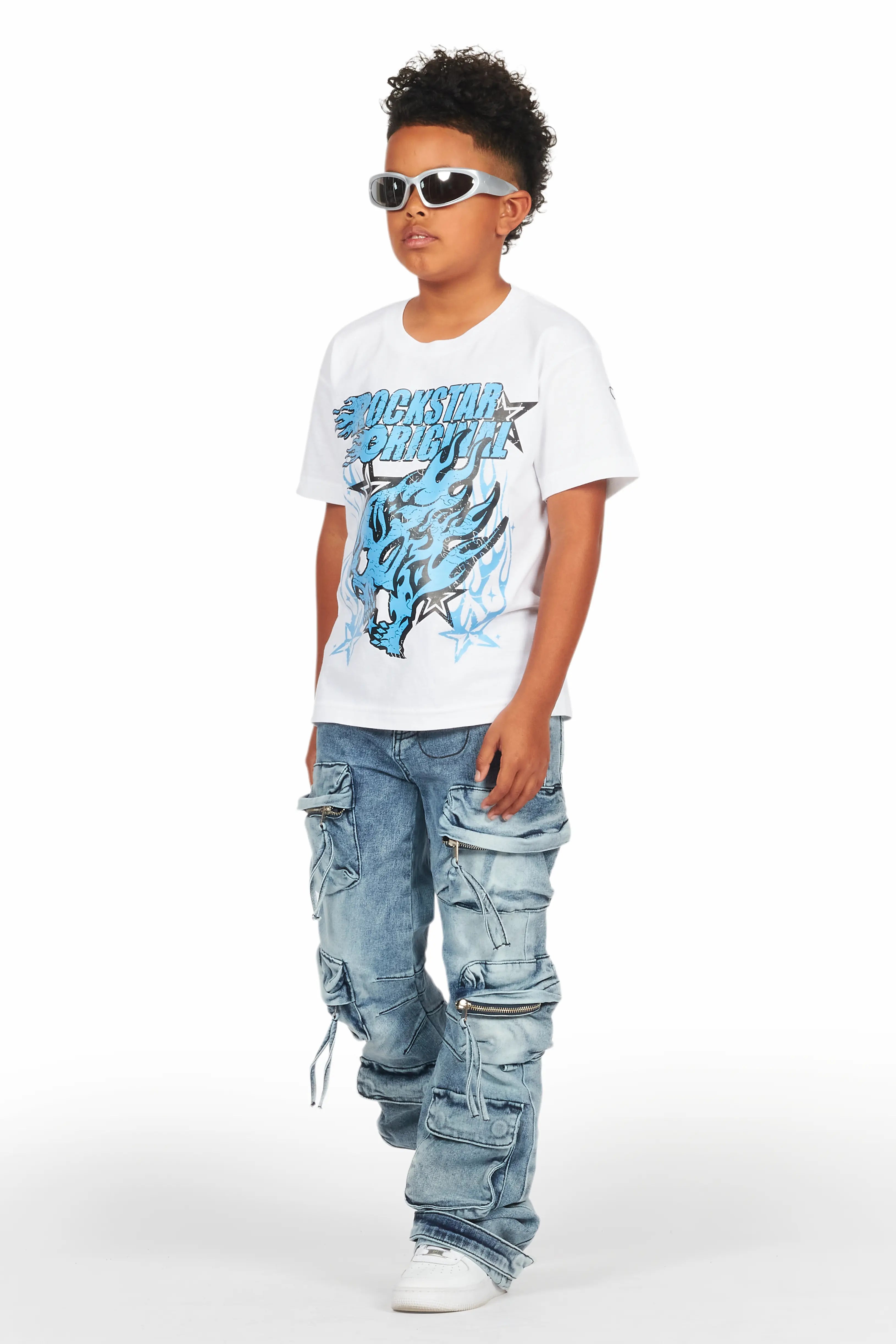 Boys Smitty White/Blue T-Shirt/Baggy Fit Jean Set