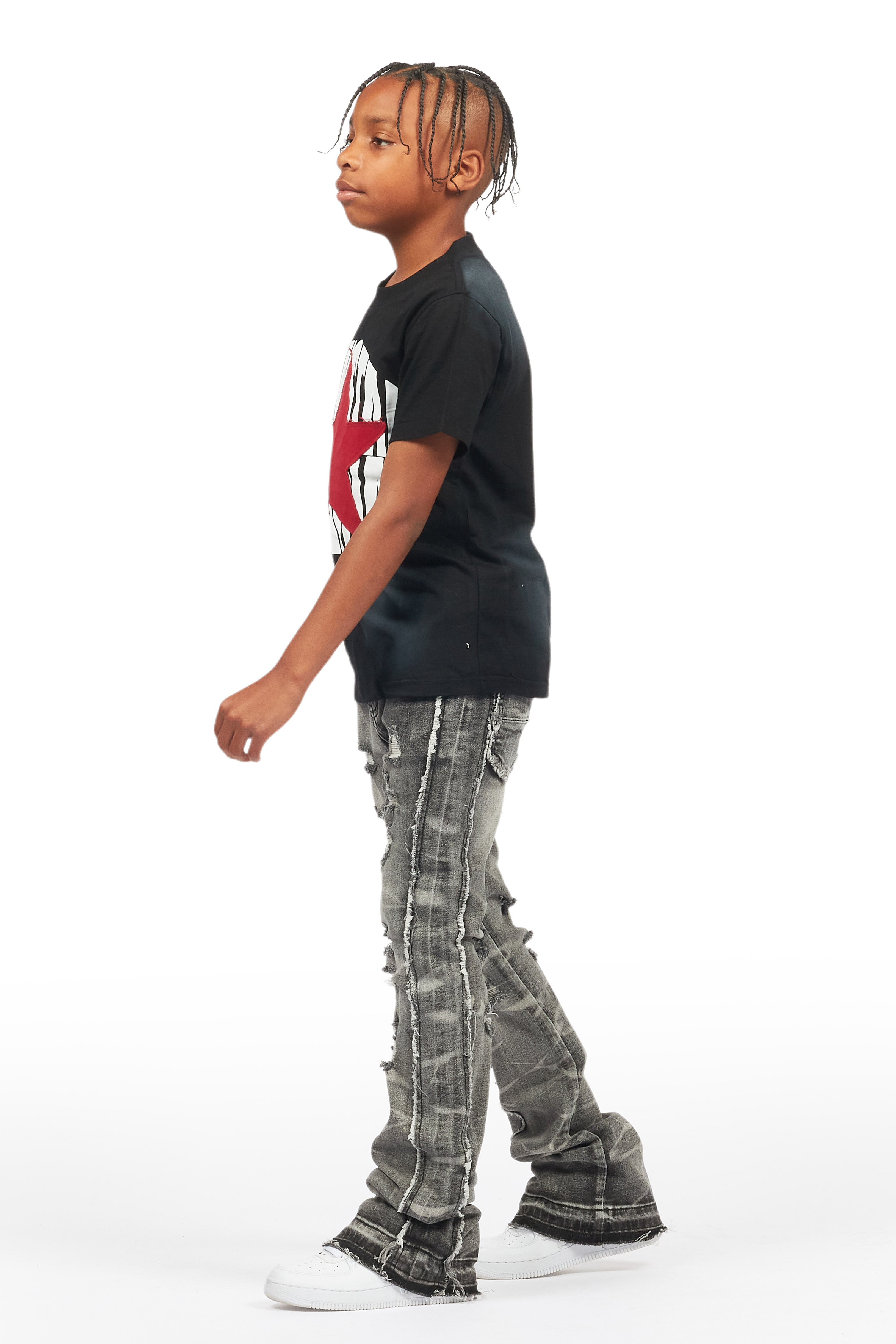 Boys Rugged Black Stacked Flare Jean