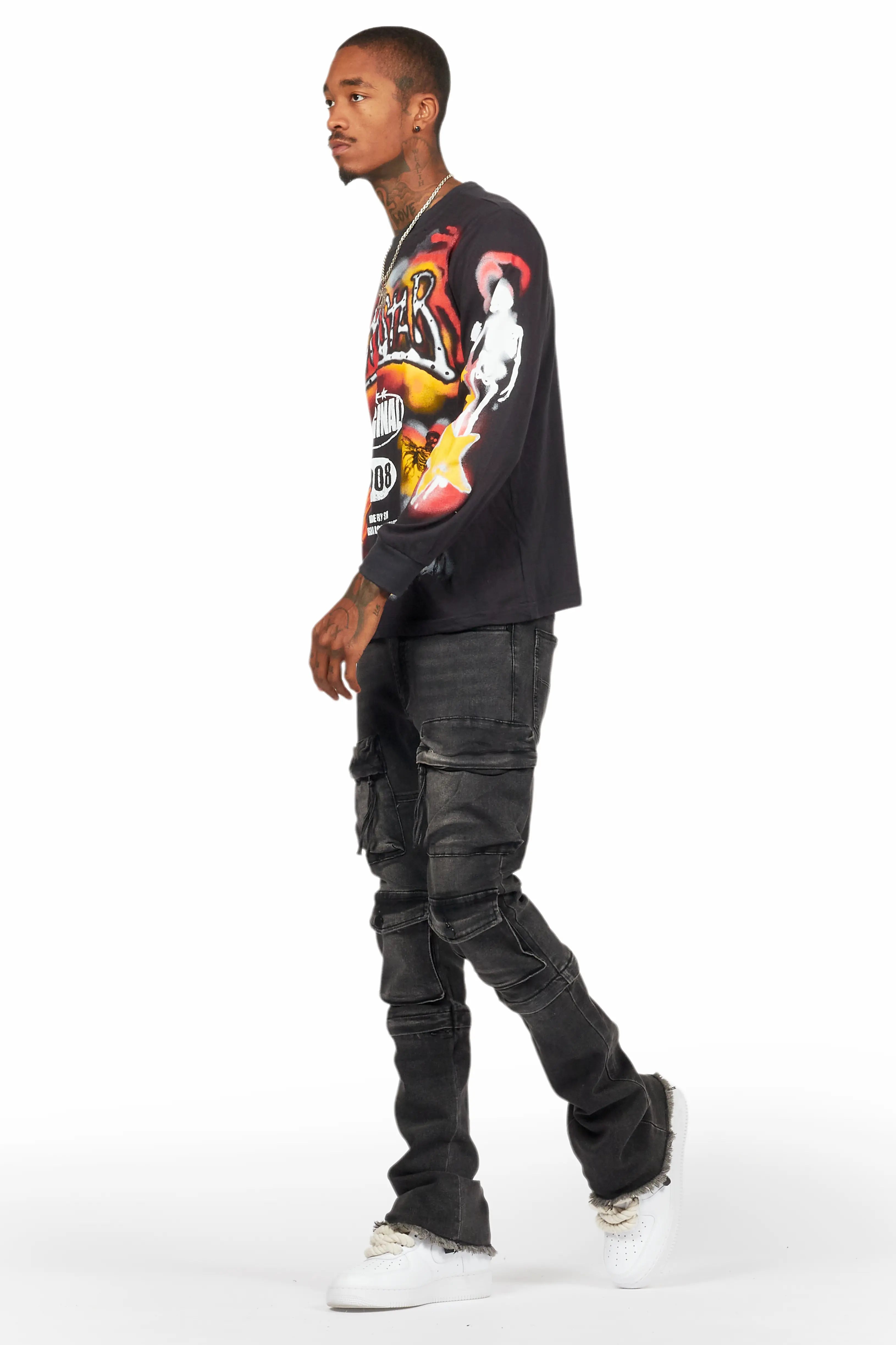 Jan Black Stacked Flare Cargo Jean