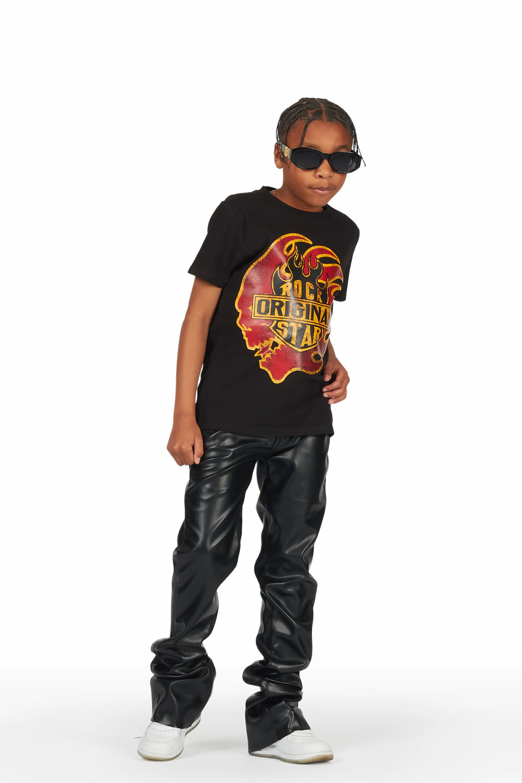 Boys Azai Black T-Shirt Super Stacked Flare PU Jean Set