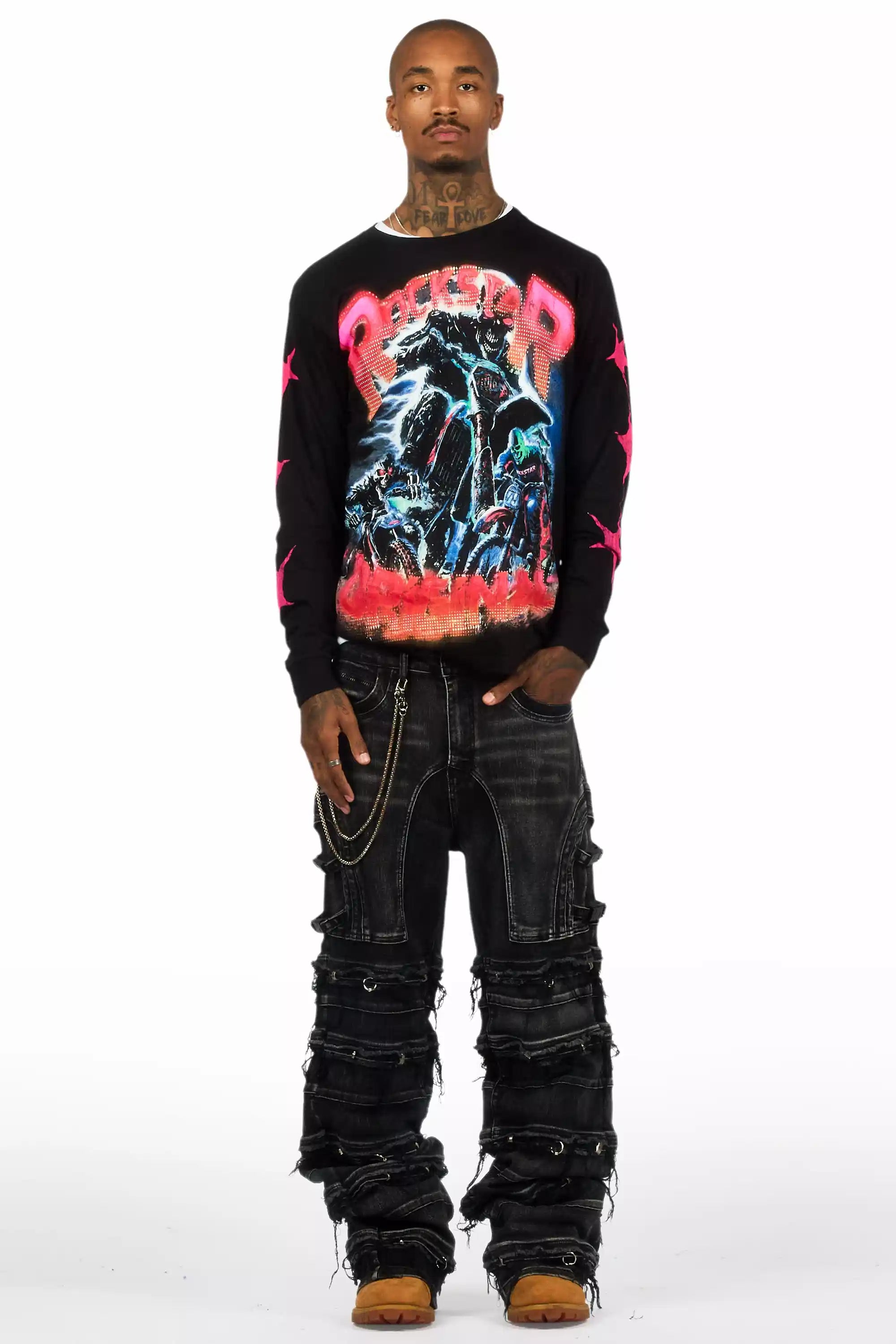 Trenzo Black/Fuchsia Long Sleeve Graphic T-Shirt