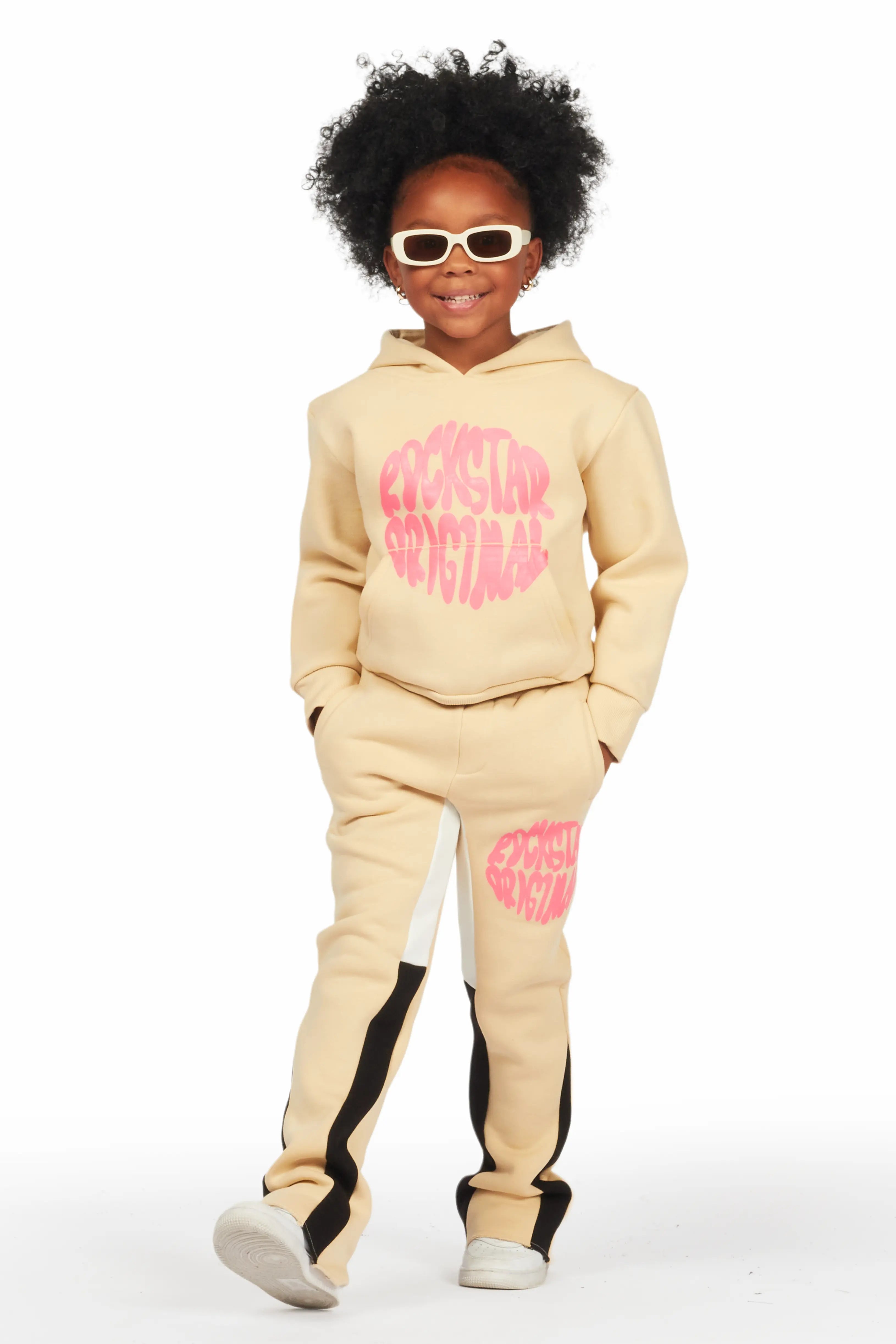 Girls Rayna Beige Stacked Pant Set