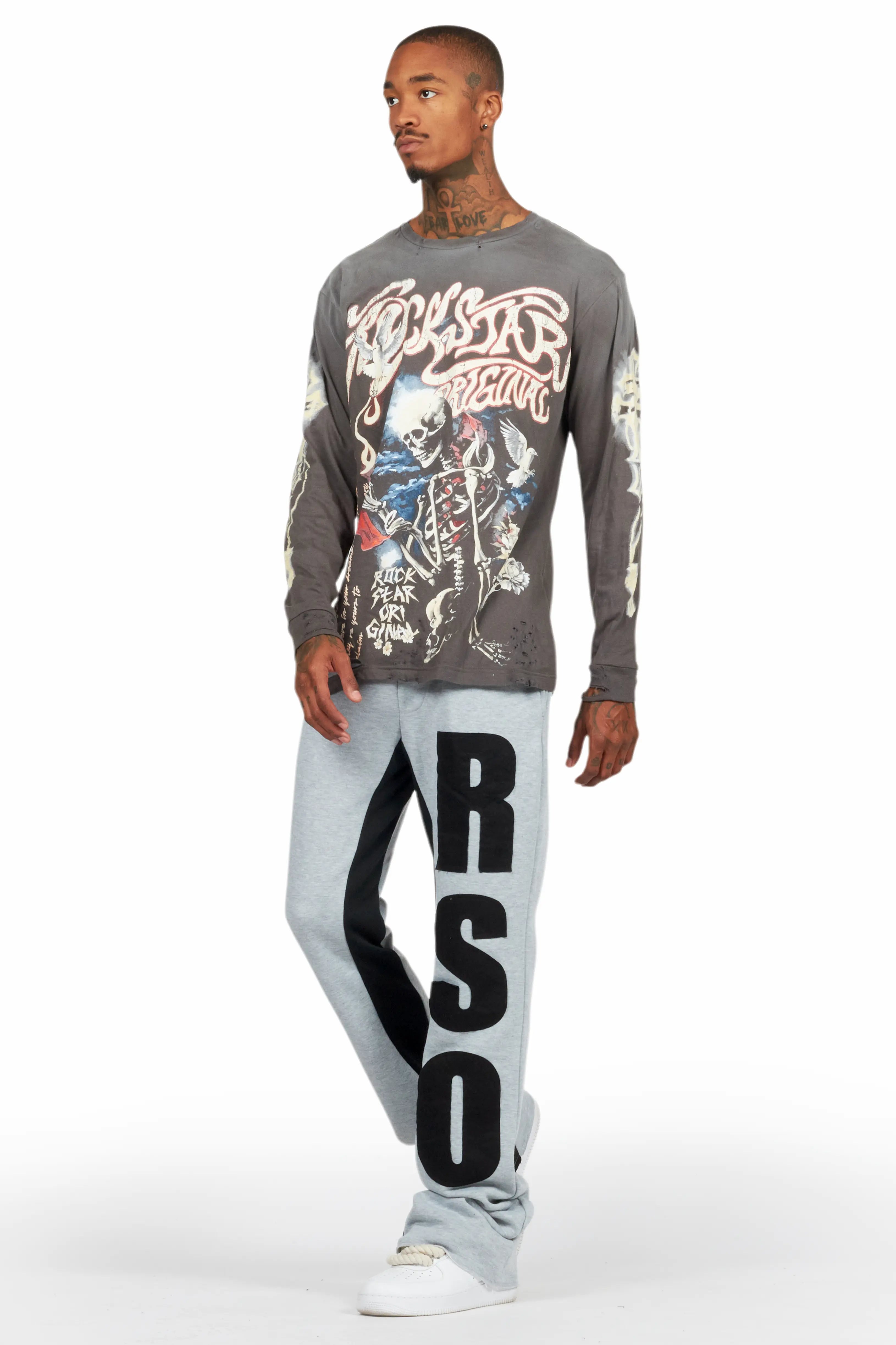 Uko Heather Grey Stacked Baggy Track Pant