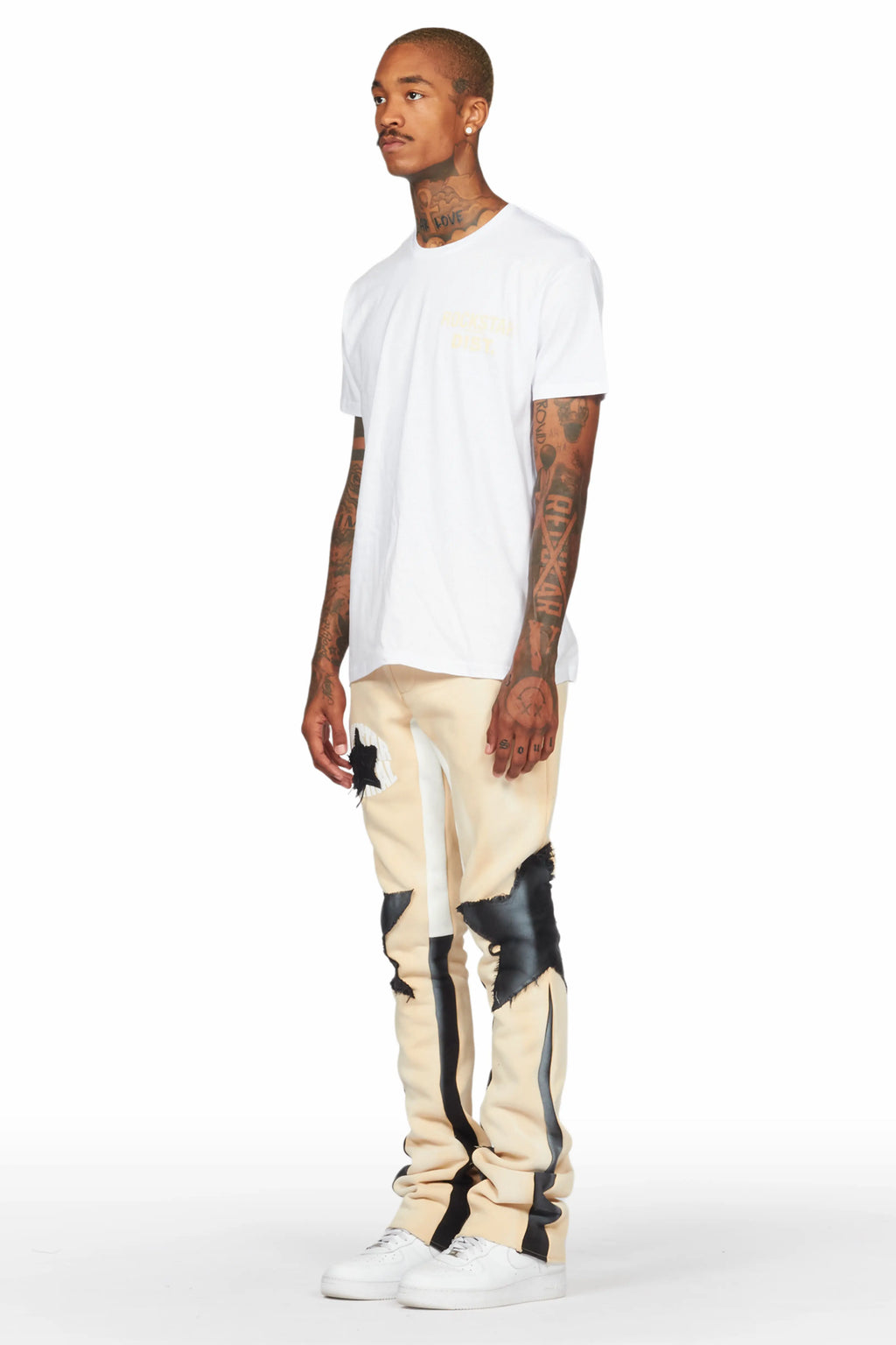 Capron Beige Patchwork Stacked Flare Pants