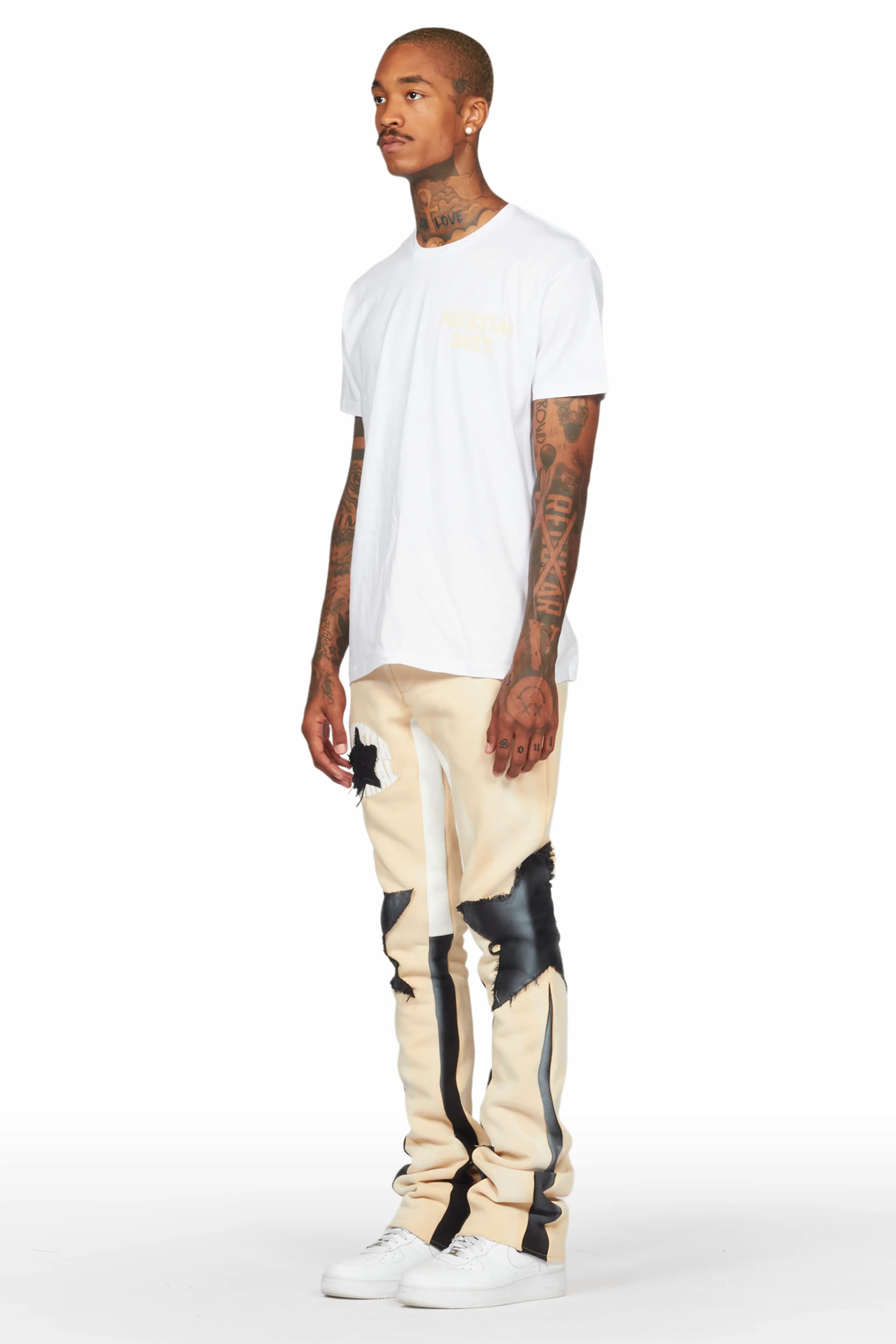 Capron Beige Patchwork Stacked Flare Pants