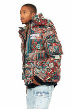 Nard Red Multi Tapestry Puffer Jacket