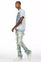 Yooz Heather Grey/Blue Oversized T-Shirt/Super Stacked Flare Jean Bundle