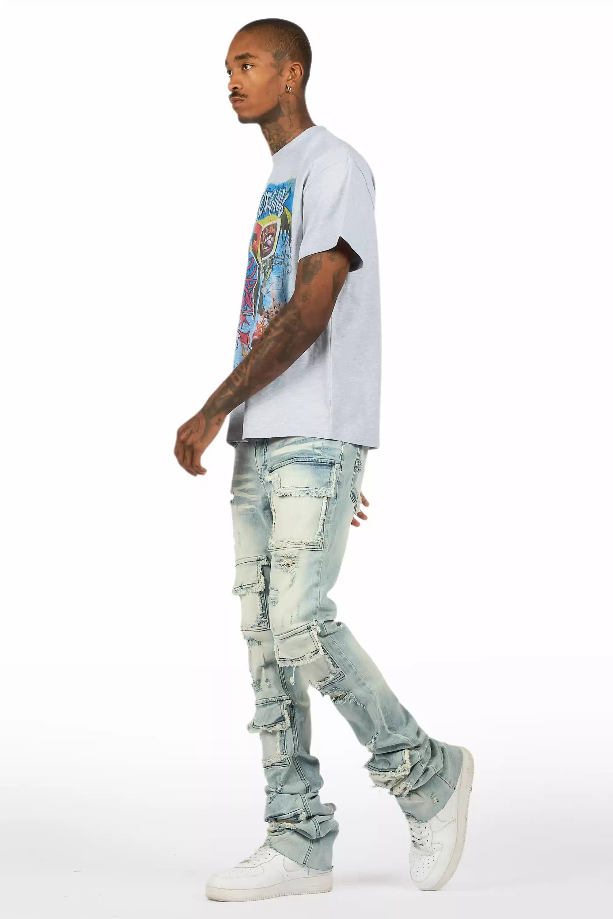 Yooz Heather Grey/Blue Oversized T-Shirt/Super Stacked Flare Jean Bundle