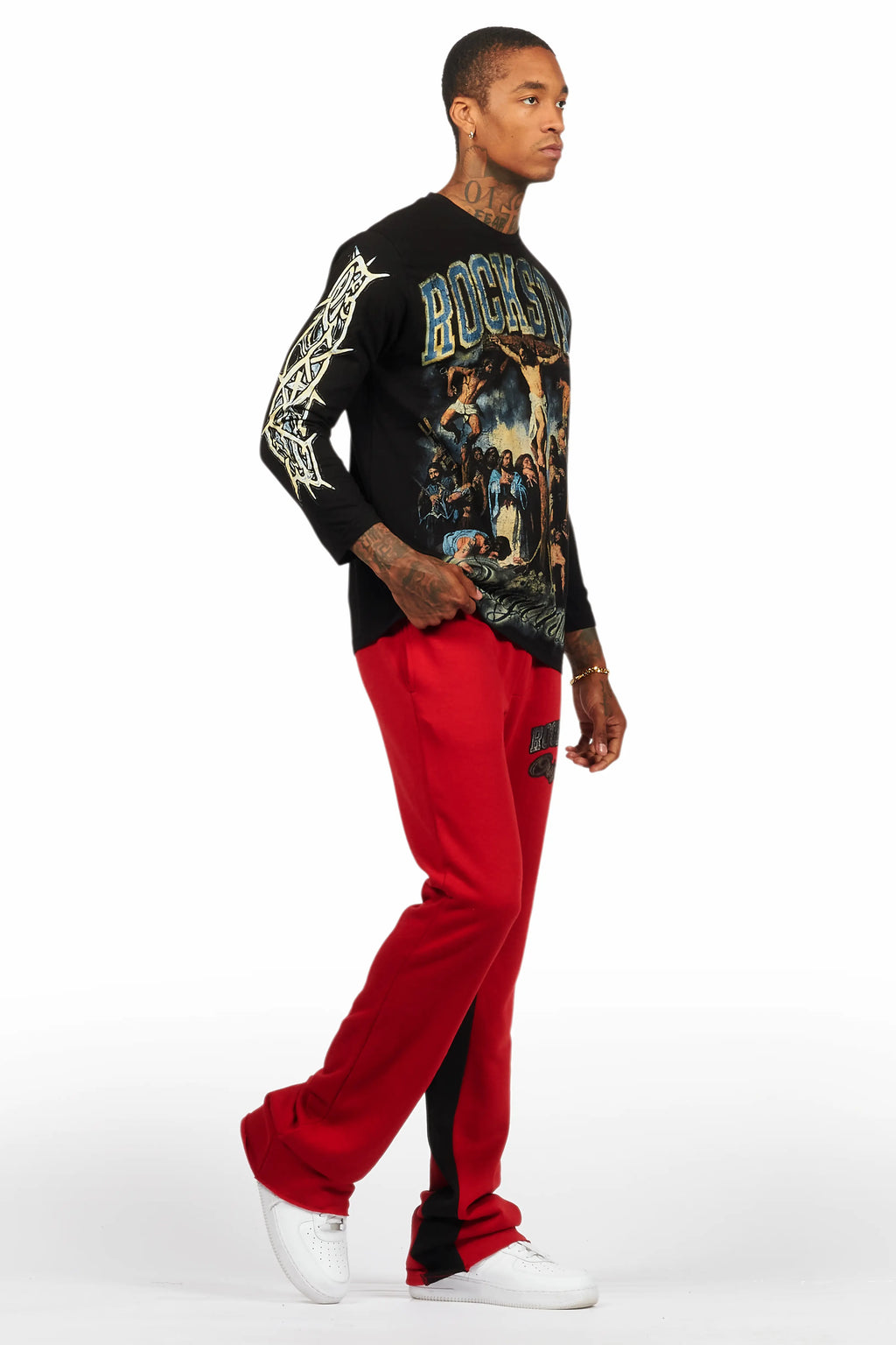 Waller Black/Burgundy Long Sleeve T-Shirt/Baggy Pant Set