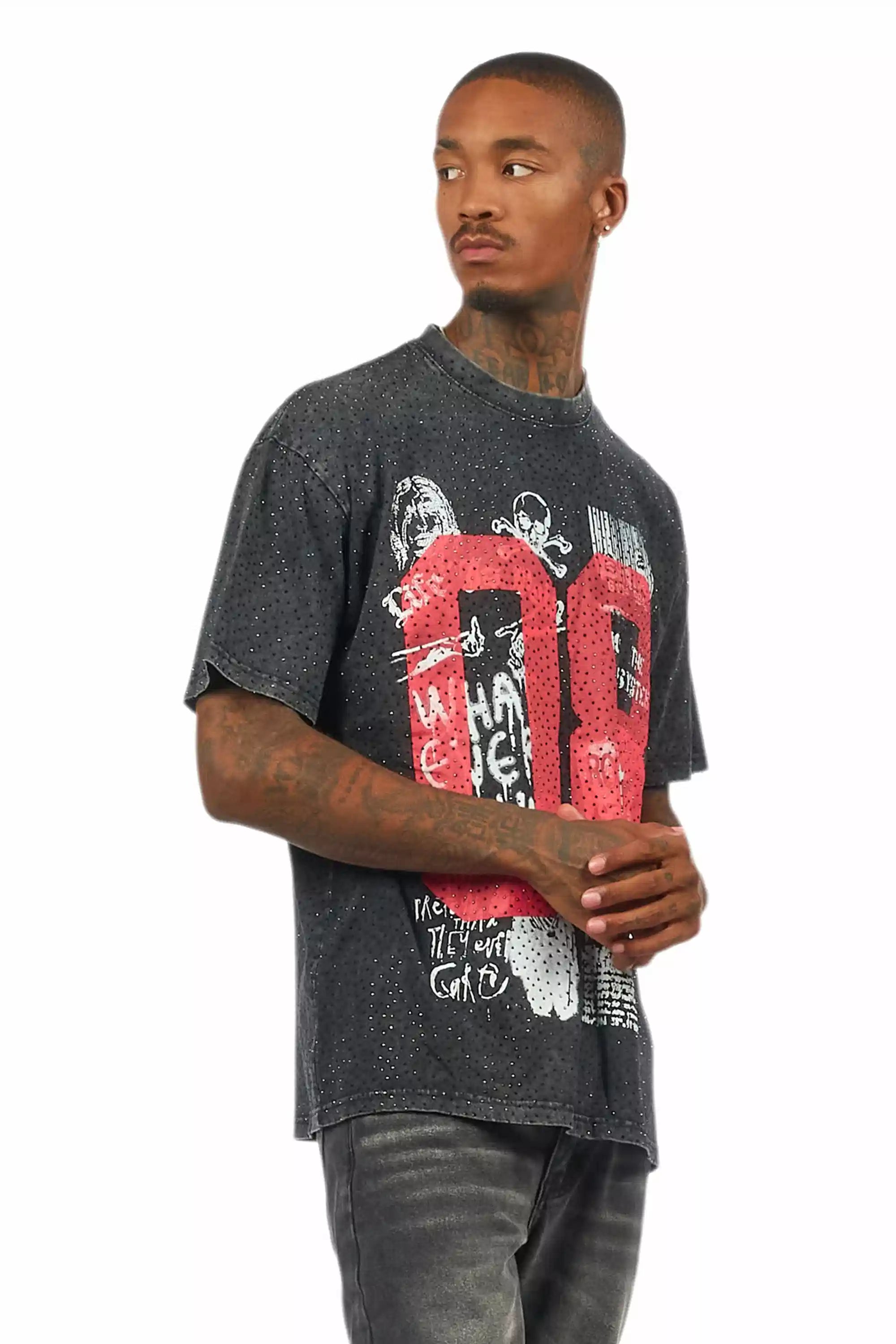 Grill Black/Red Graphic Rhinestone T-Shirt